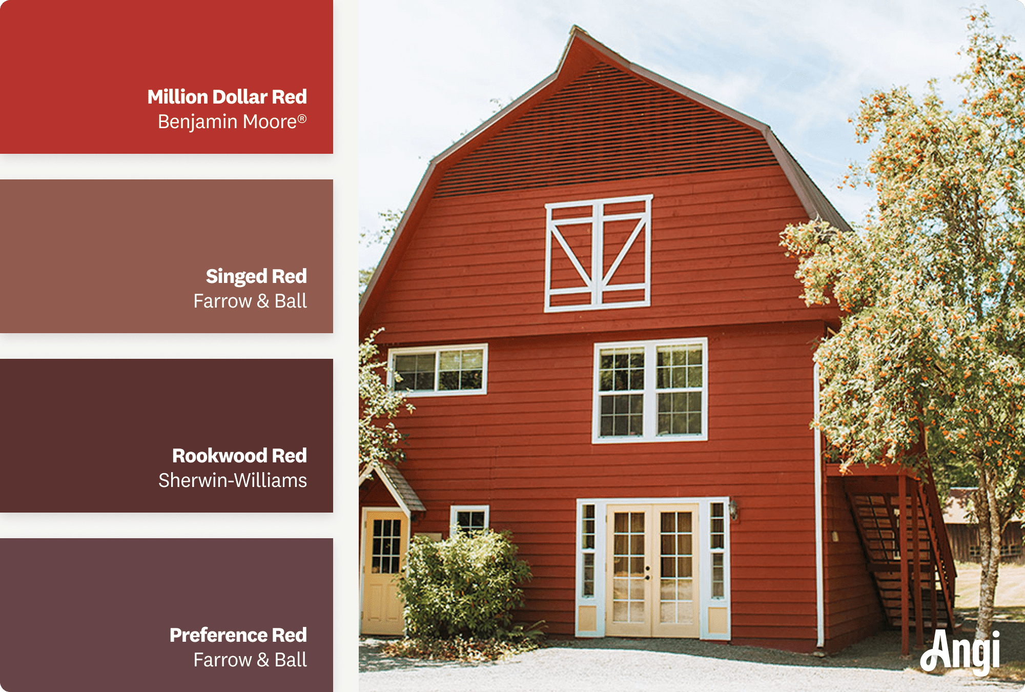 Barndominium painted in red, including different tones of red paint