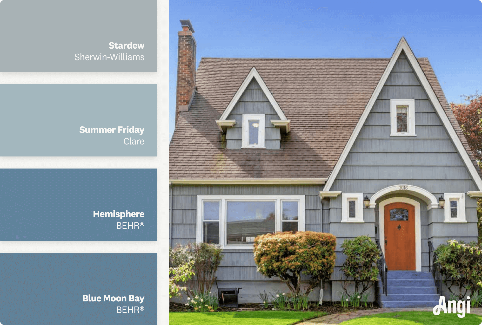 Blue house with brown roof, including different tones of blue paint