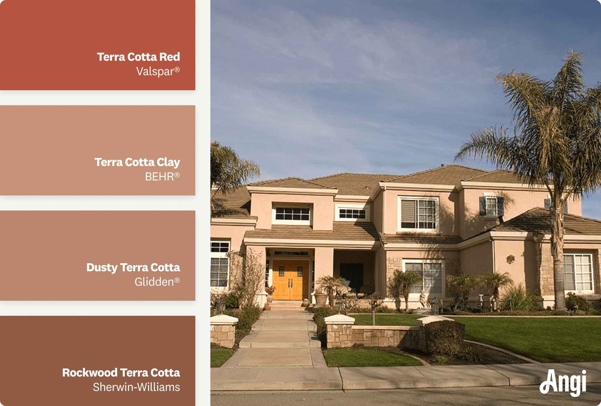Terra cotta house with brown roof, including different tones of terra cotta paint