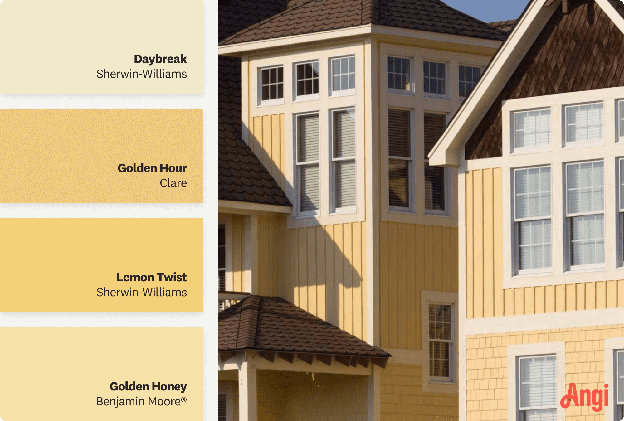 Yellow house with brown roof, including different tones of yellow paint