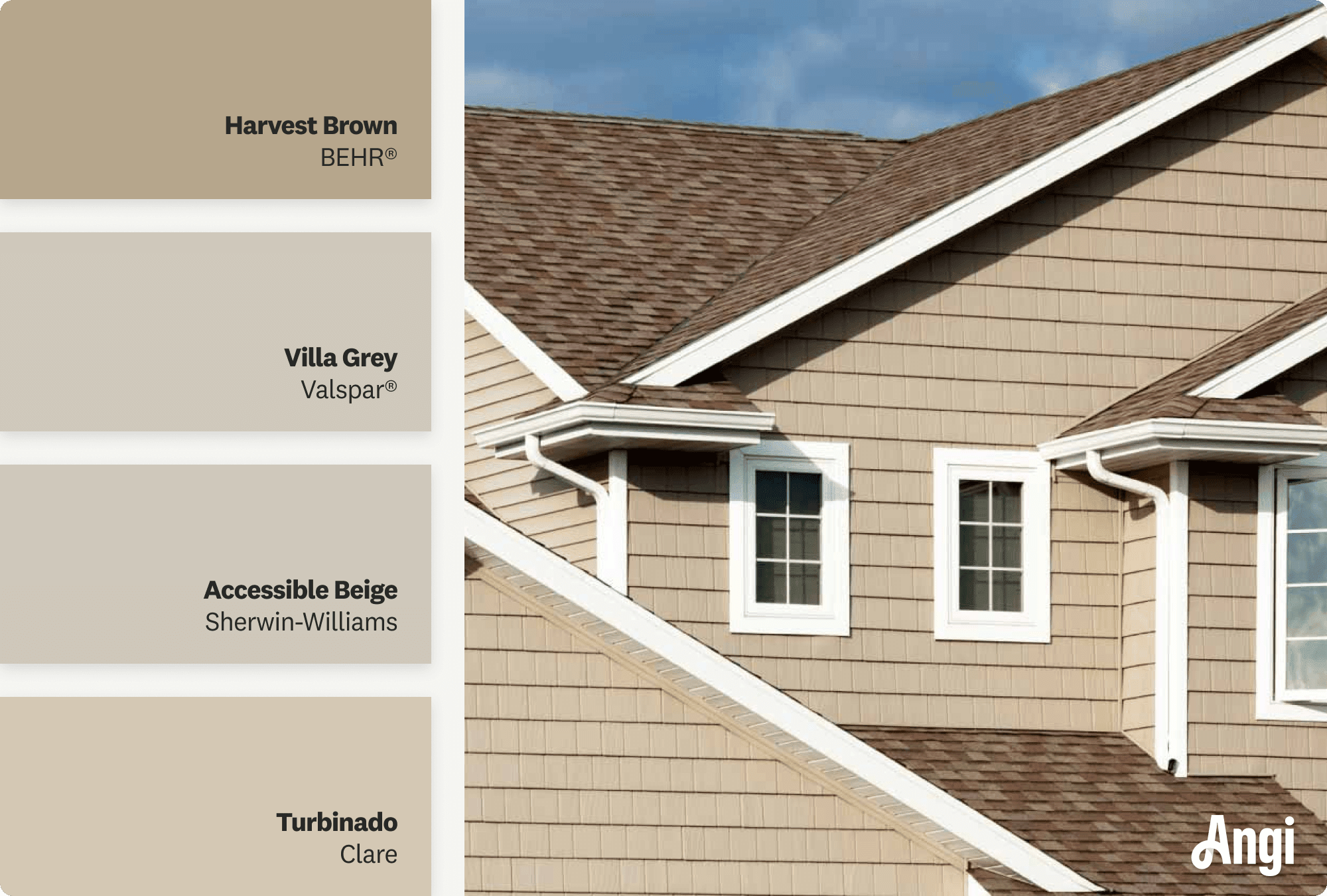 Beige house with brown roof, including different tones of beige paint