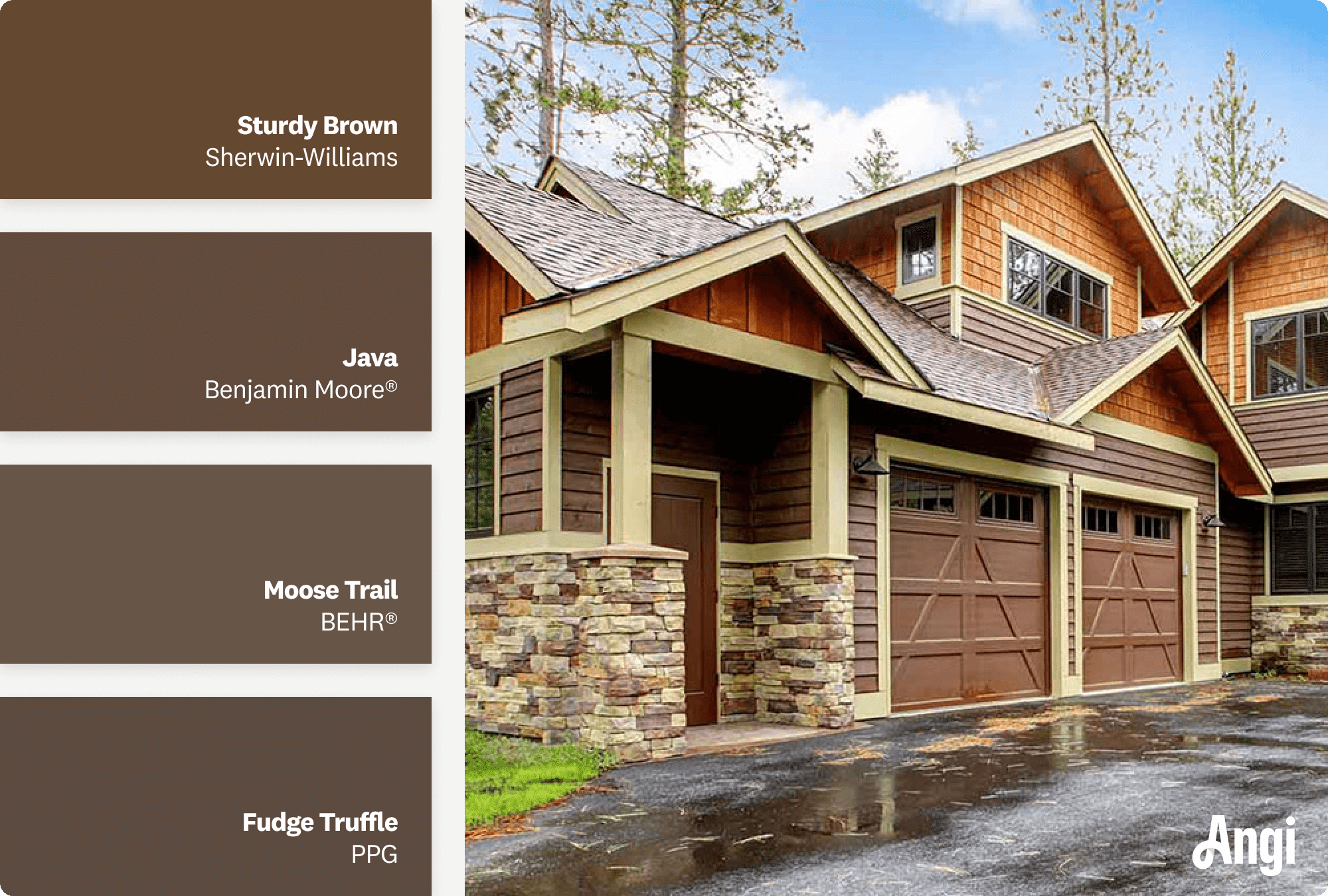 Large cabin style house with brown garage doors, including different tones of chestnut brown paint