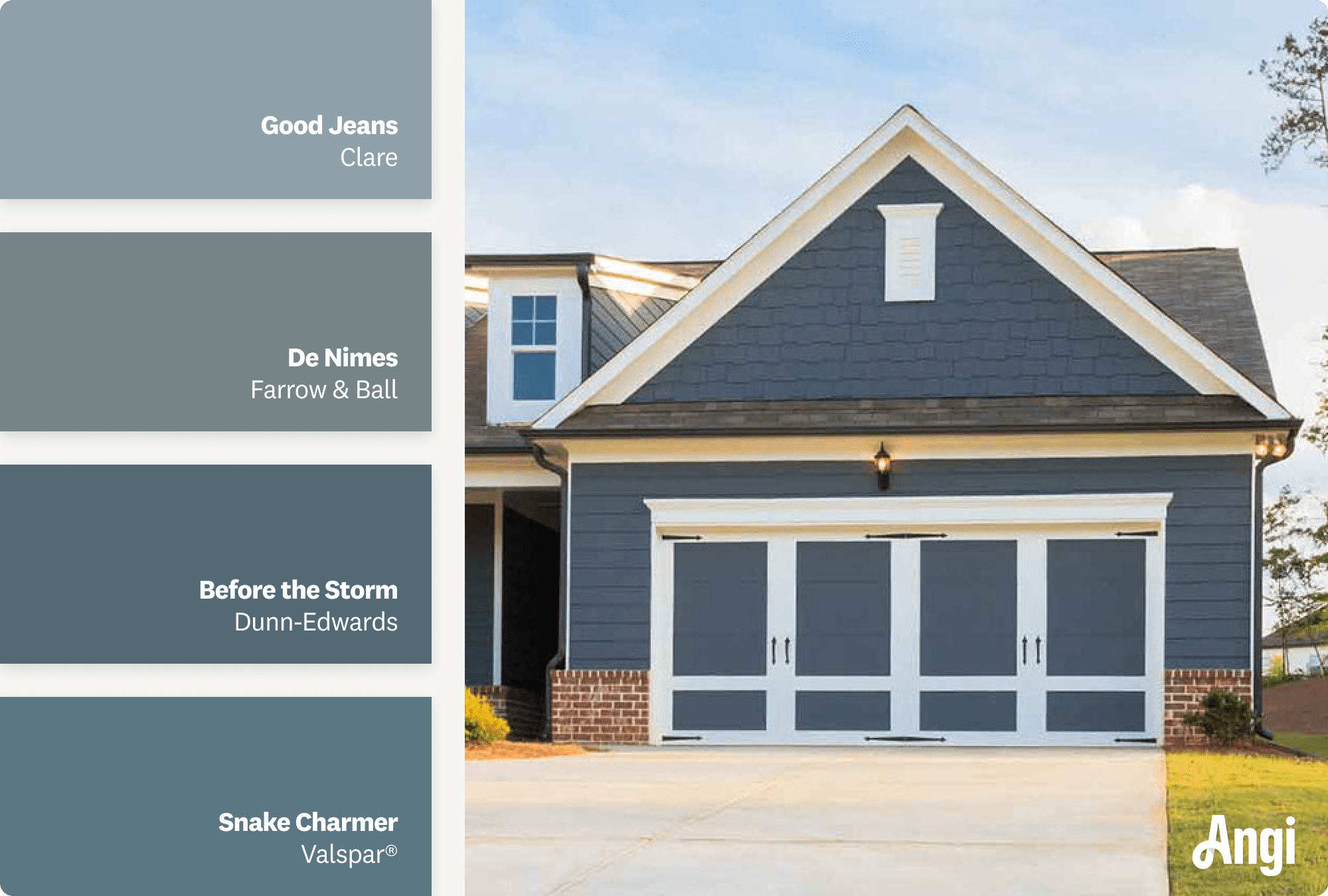 Ranch style house with double garage door, including different tones of slate blue paint