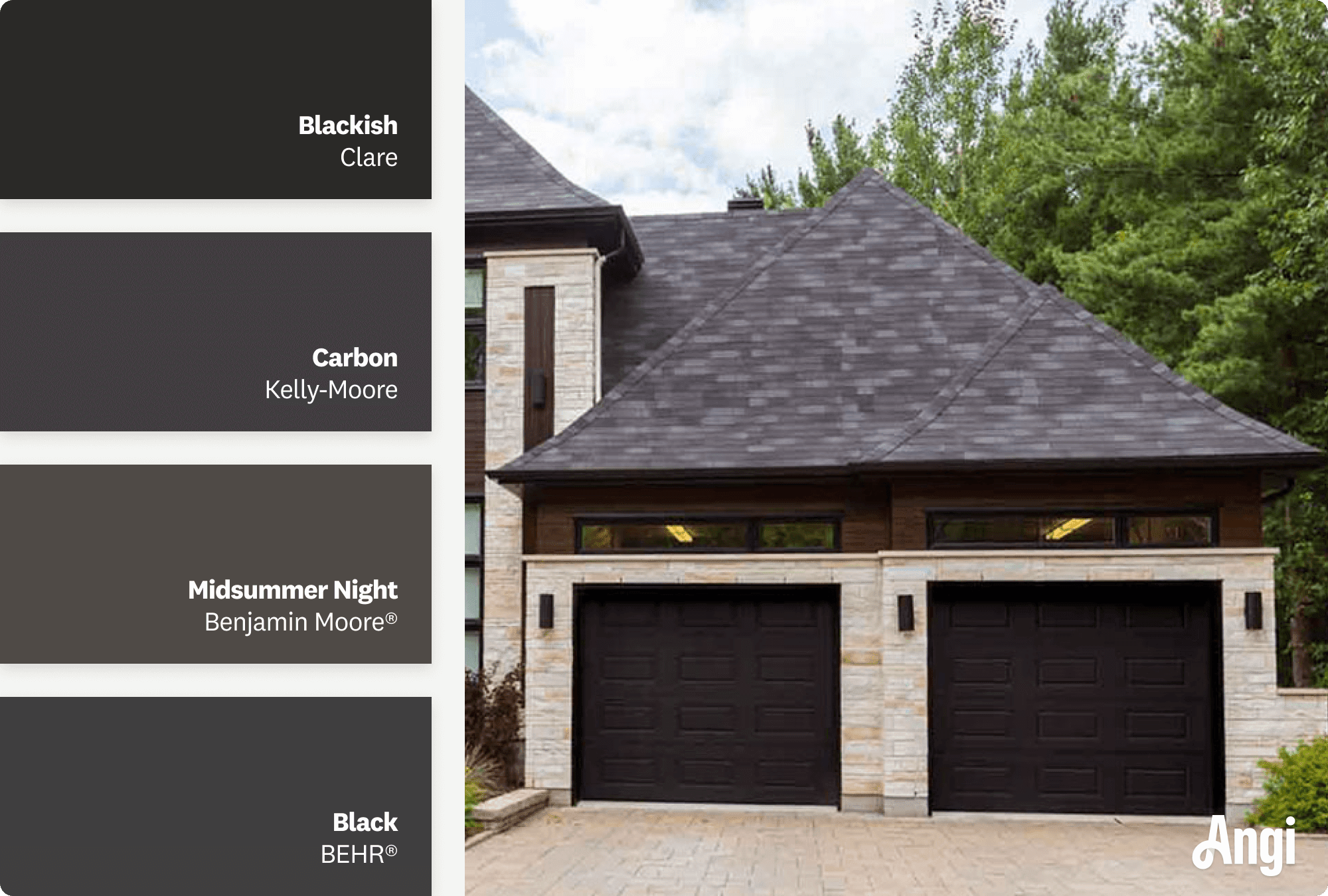 Luxury home with black garage doors, including different tones of black paint