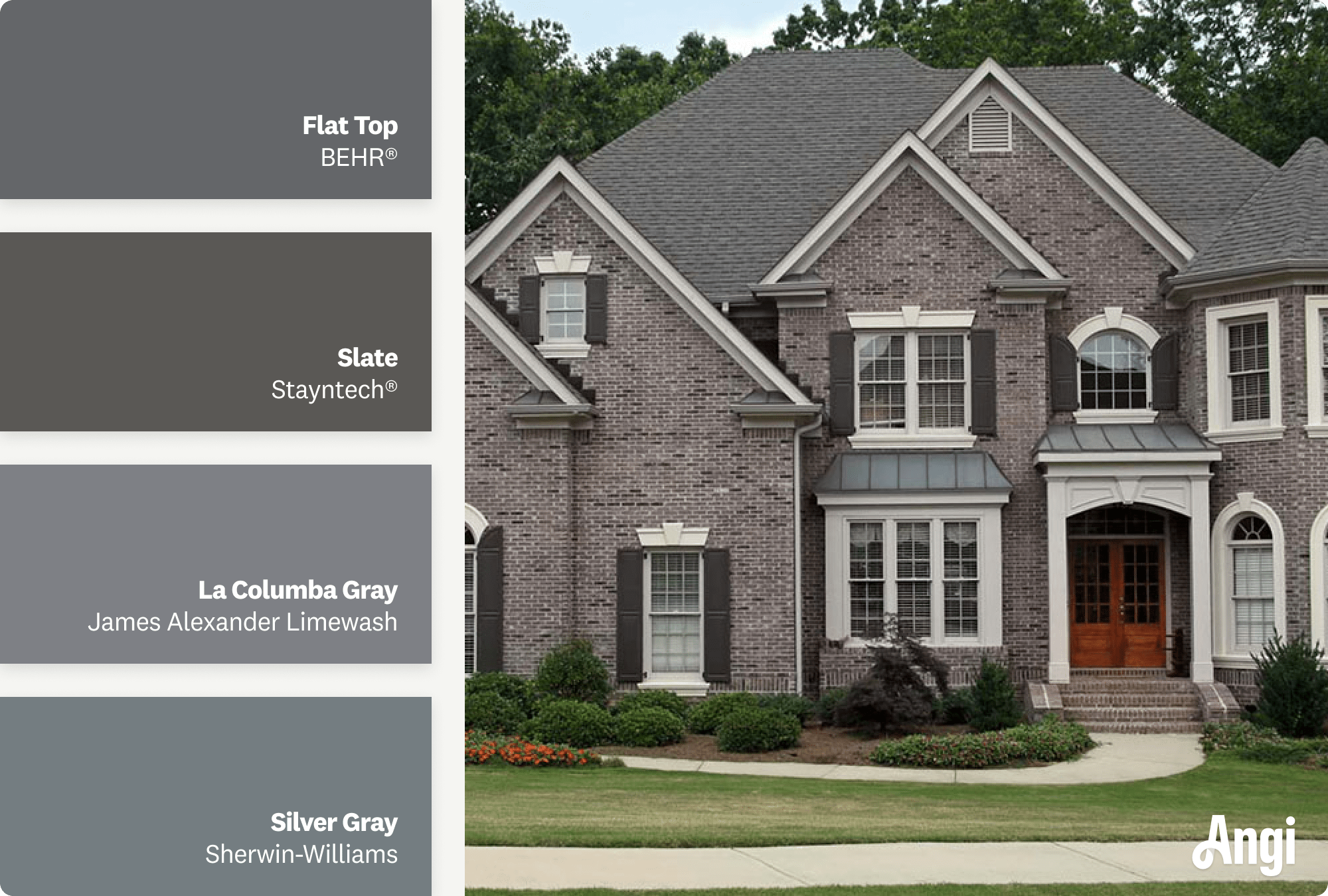 Dark gray brick home exterior, including different tones of dark gray stain