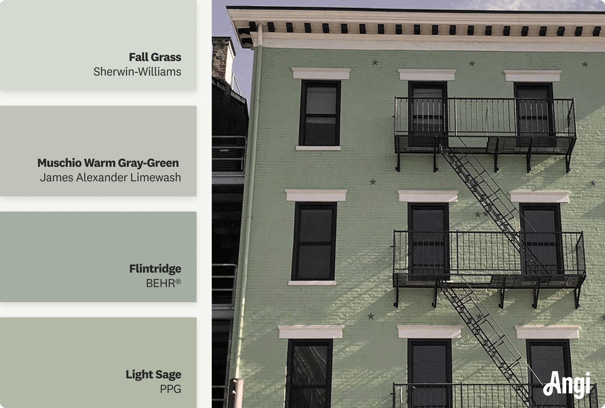 Sage green brick building with metal fire escape, including different tones of sage green stain