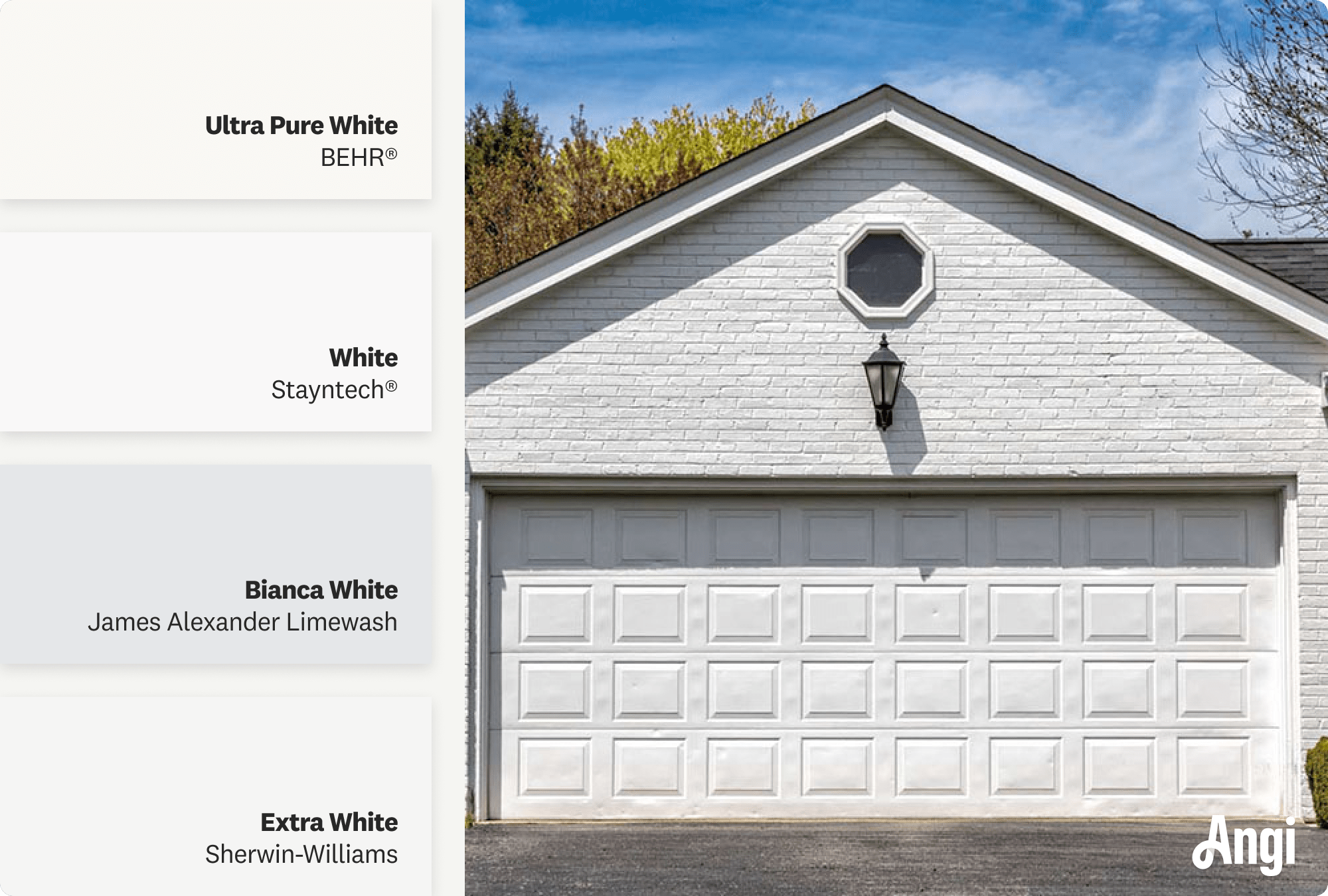 White brick garage, including different tones of white stain