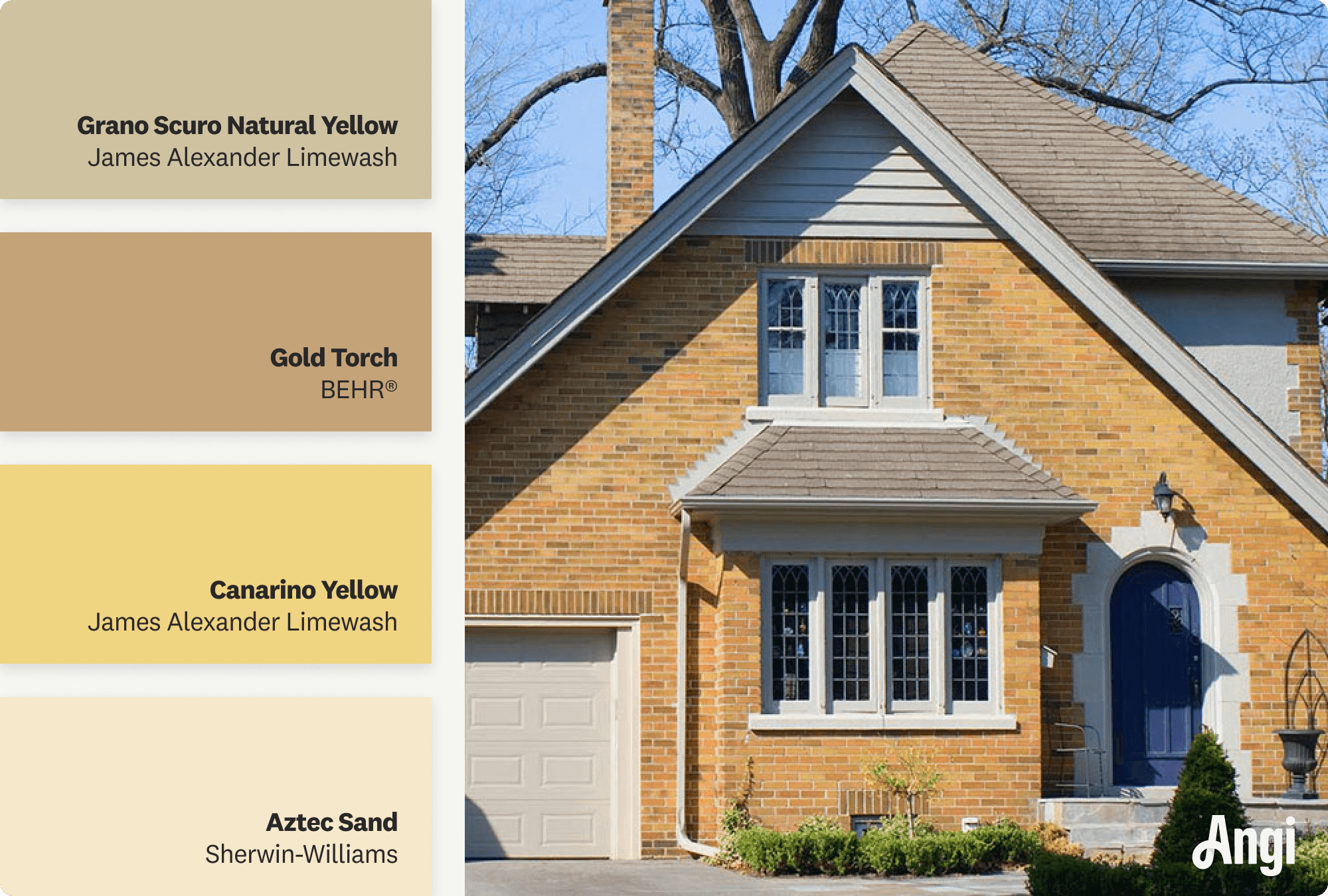 Gold brick home exterior, including different tones of yellow gold stain