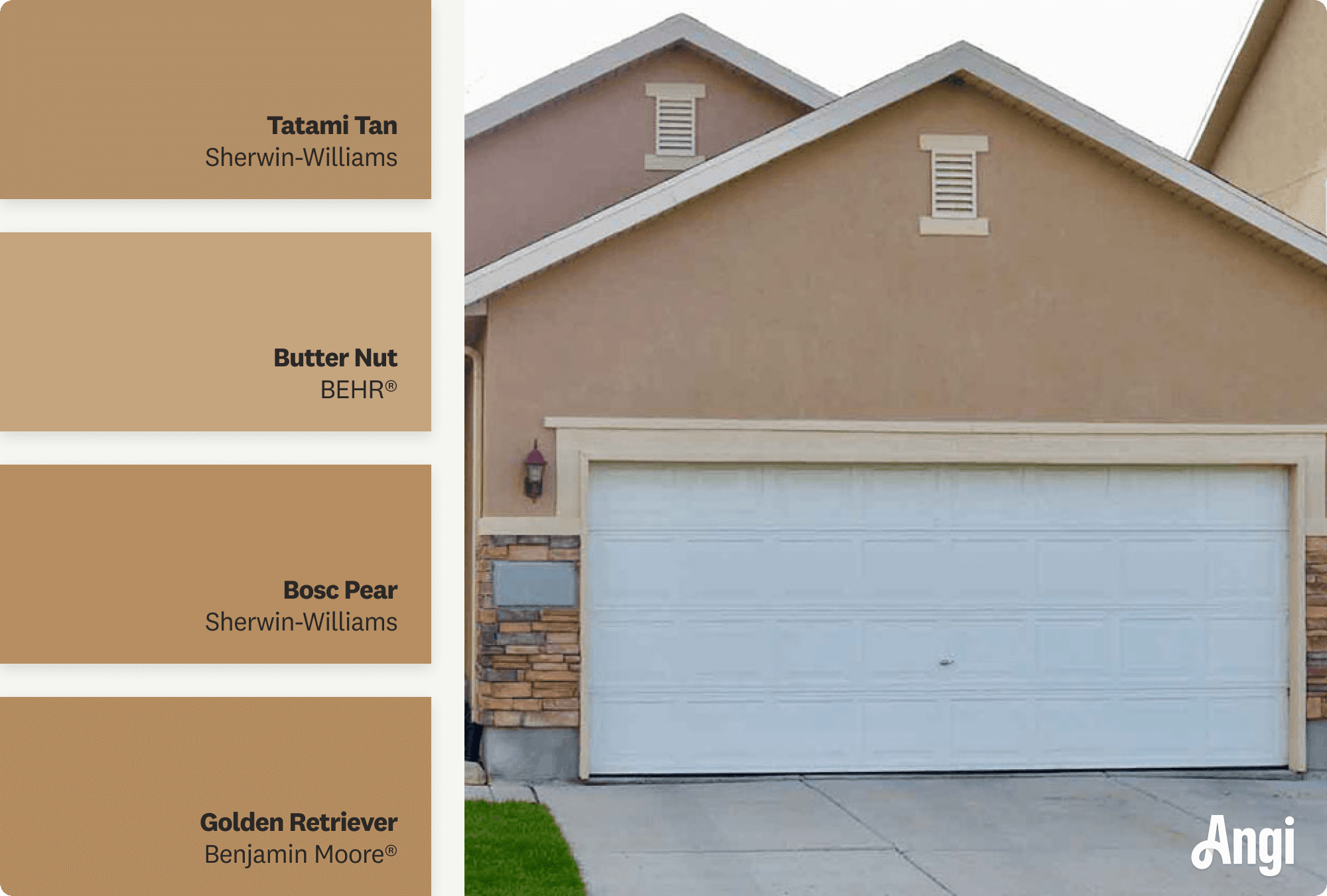 Tan house with attached garage, including different tones of dark tan paint
