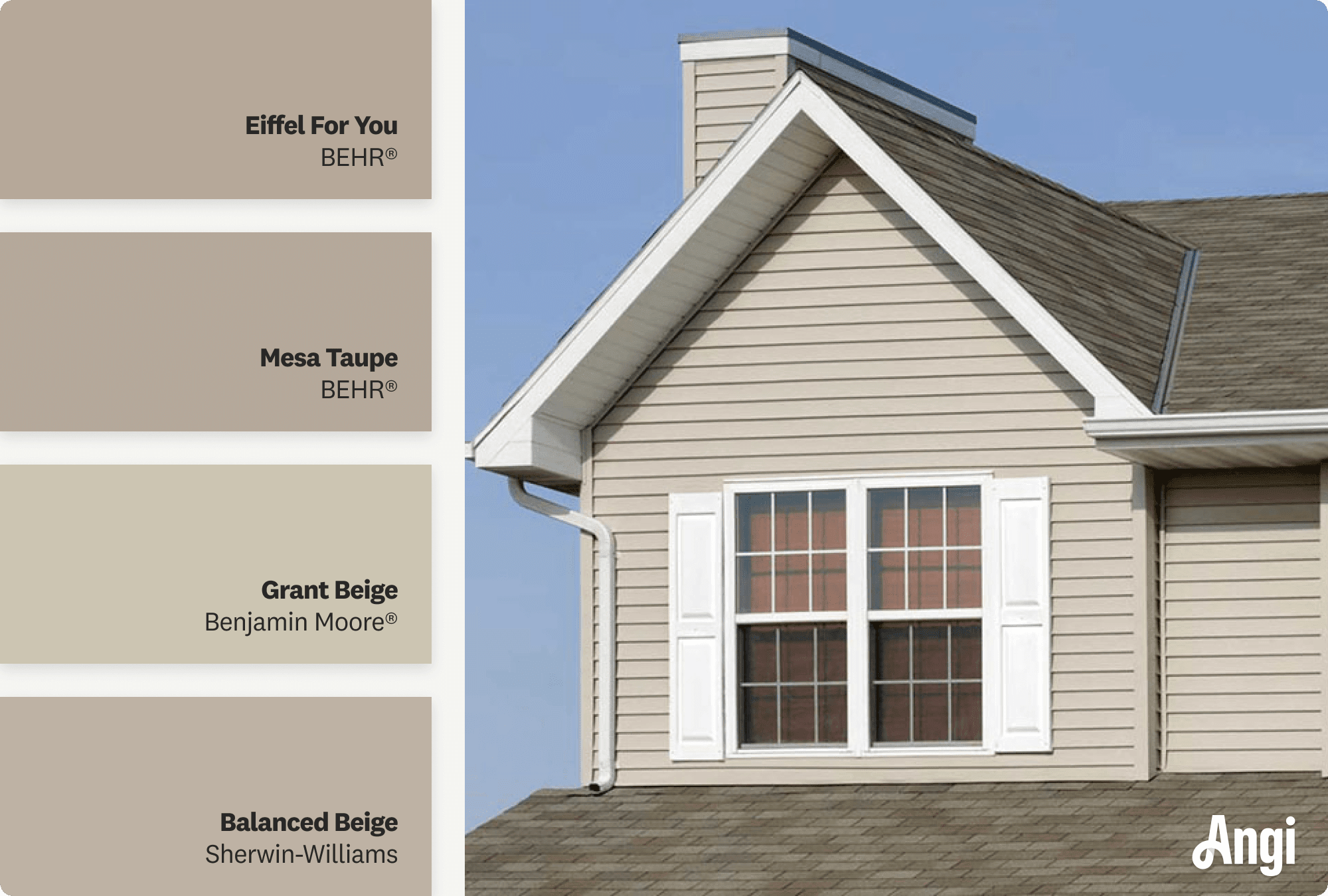 Detail of a house with greige vinyl siding and white trim, including different tones of greige paint