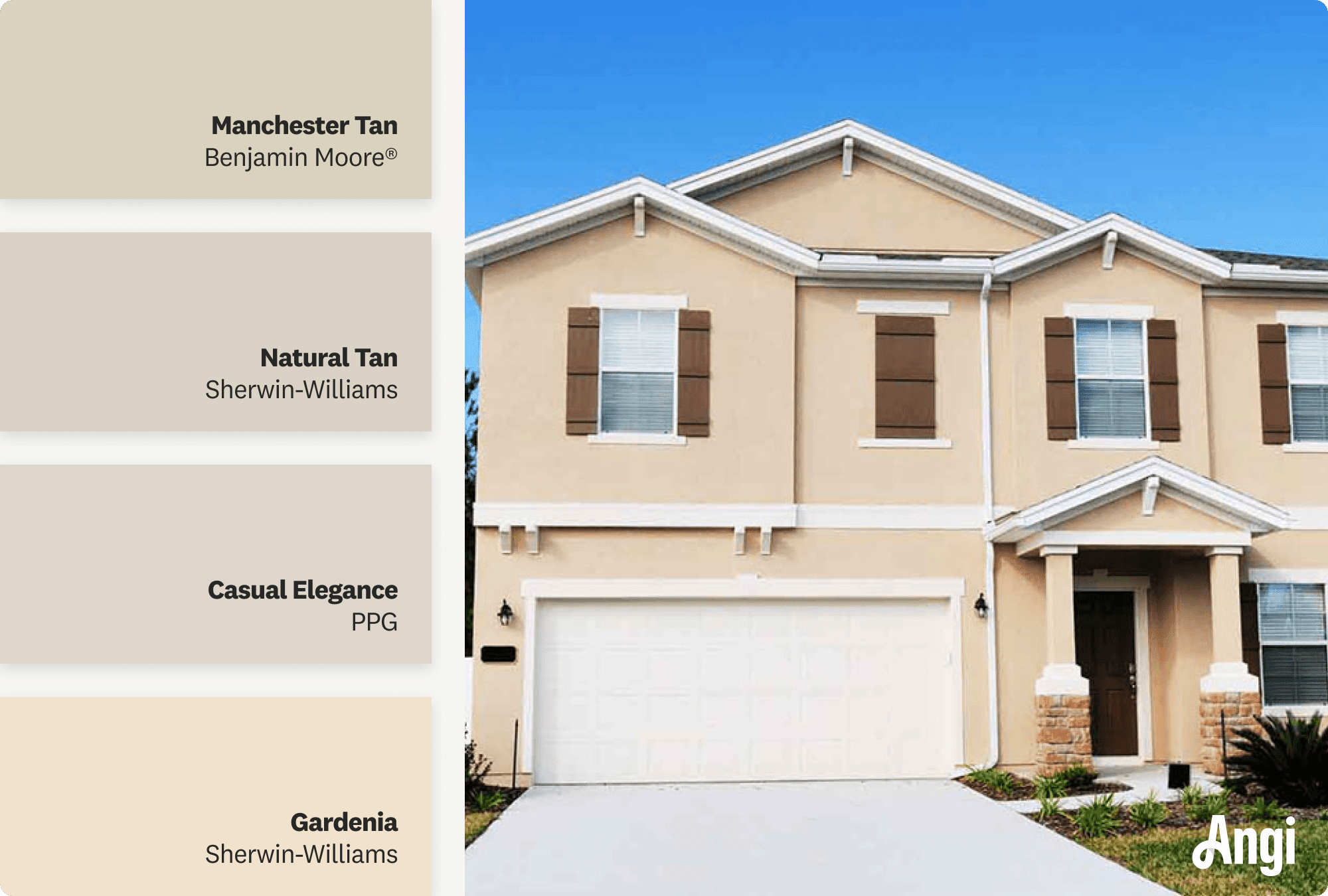 The backyard of a Mediterranean style house painted in tan color, including different tones of tan paint