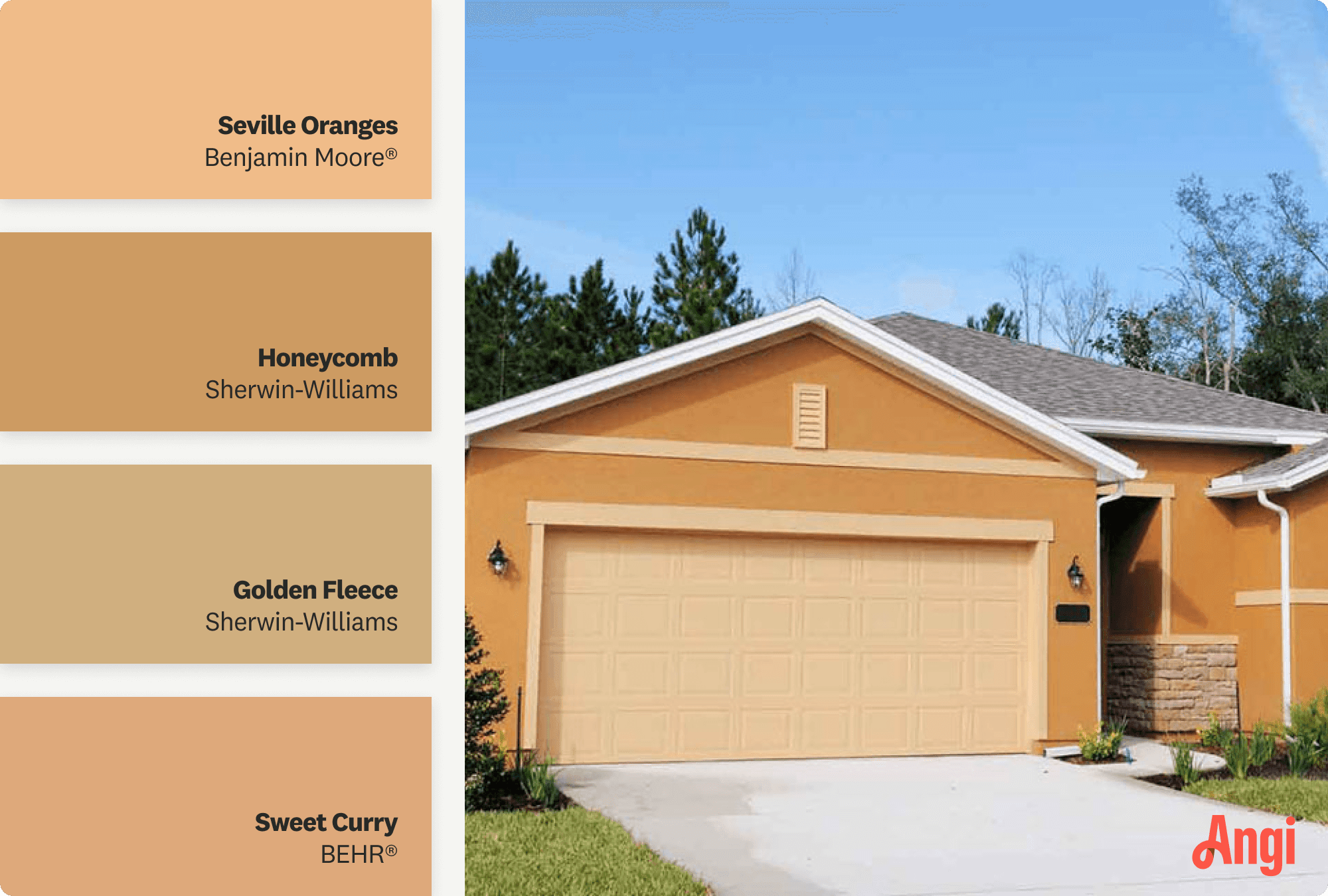 Single family home painted orange tan, including different tones of orange tan paint
