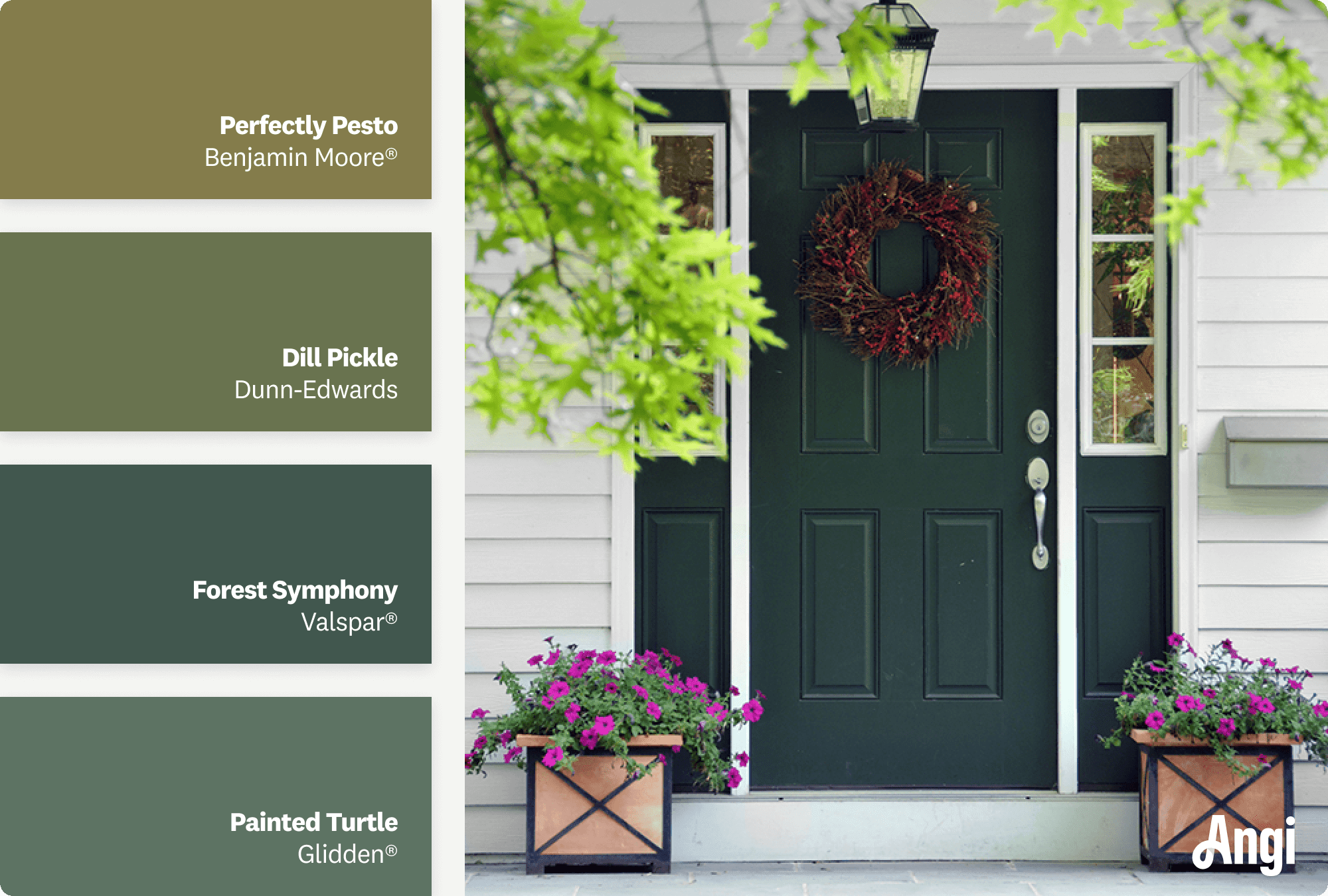 Earthy green front door, including different tones of green paint