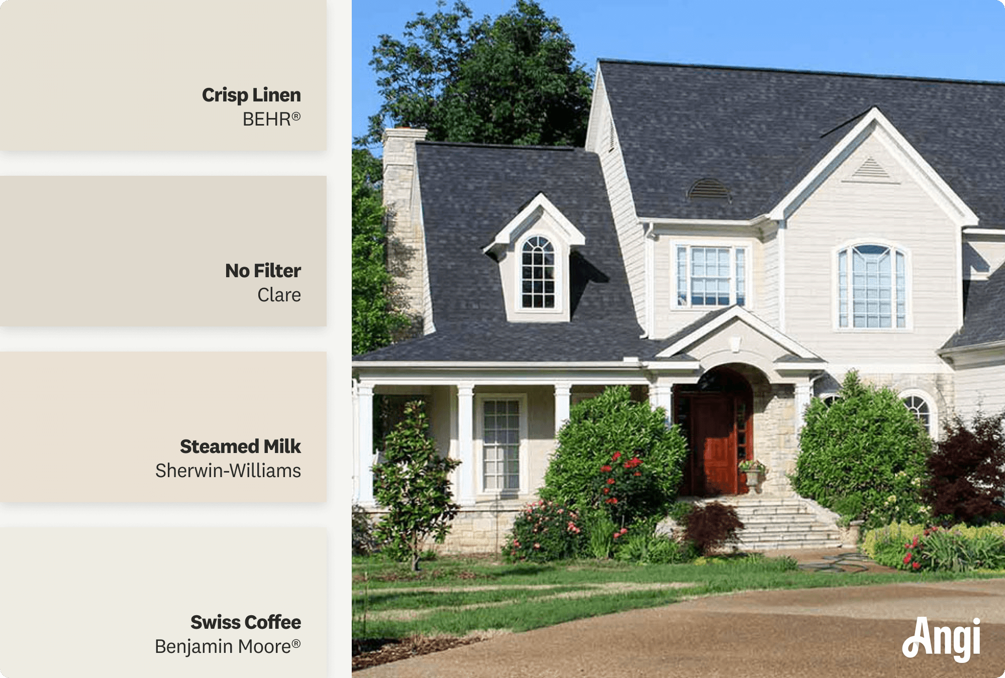 Large home with pale beige siding and dark roof, including different tones of pale beige paint