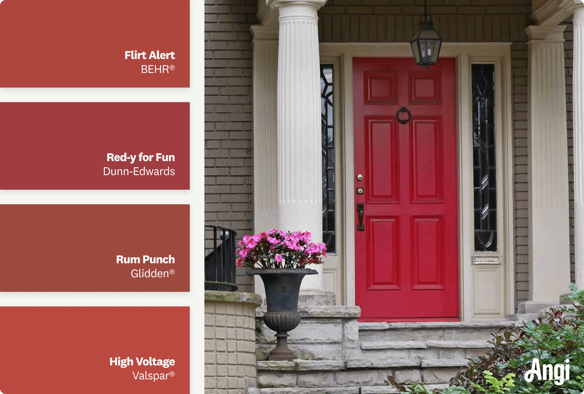 Gray house with red front door, including different tones of red paint