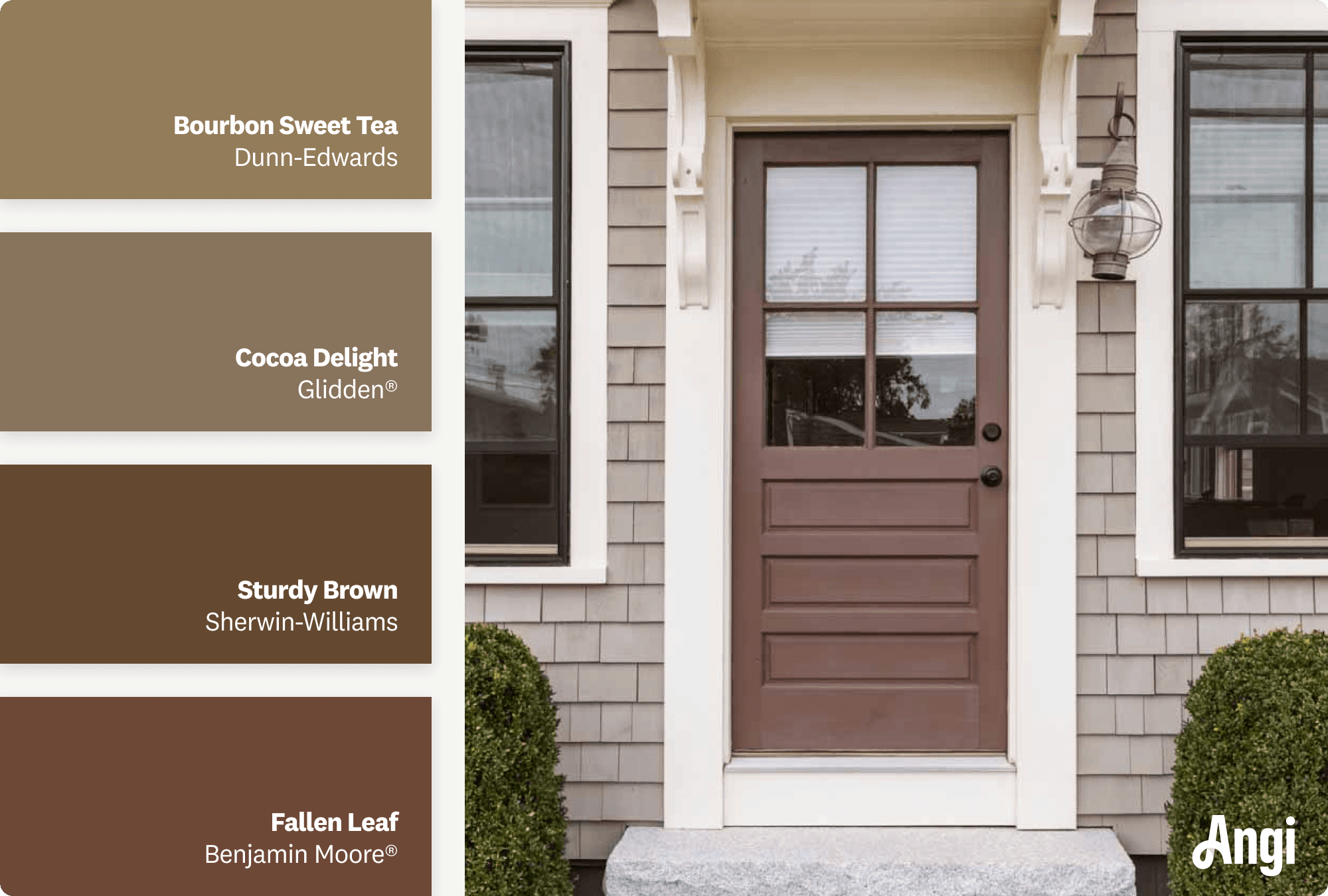 Gray house with brown front door, including different tones of brown paint