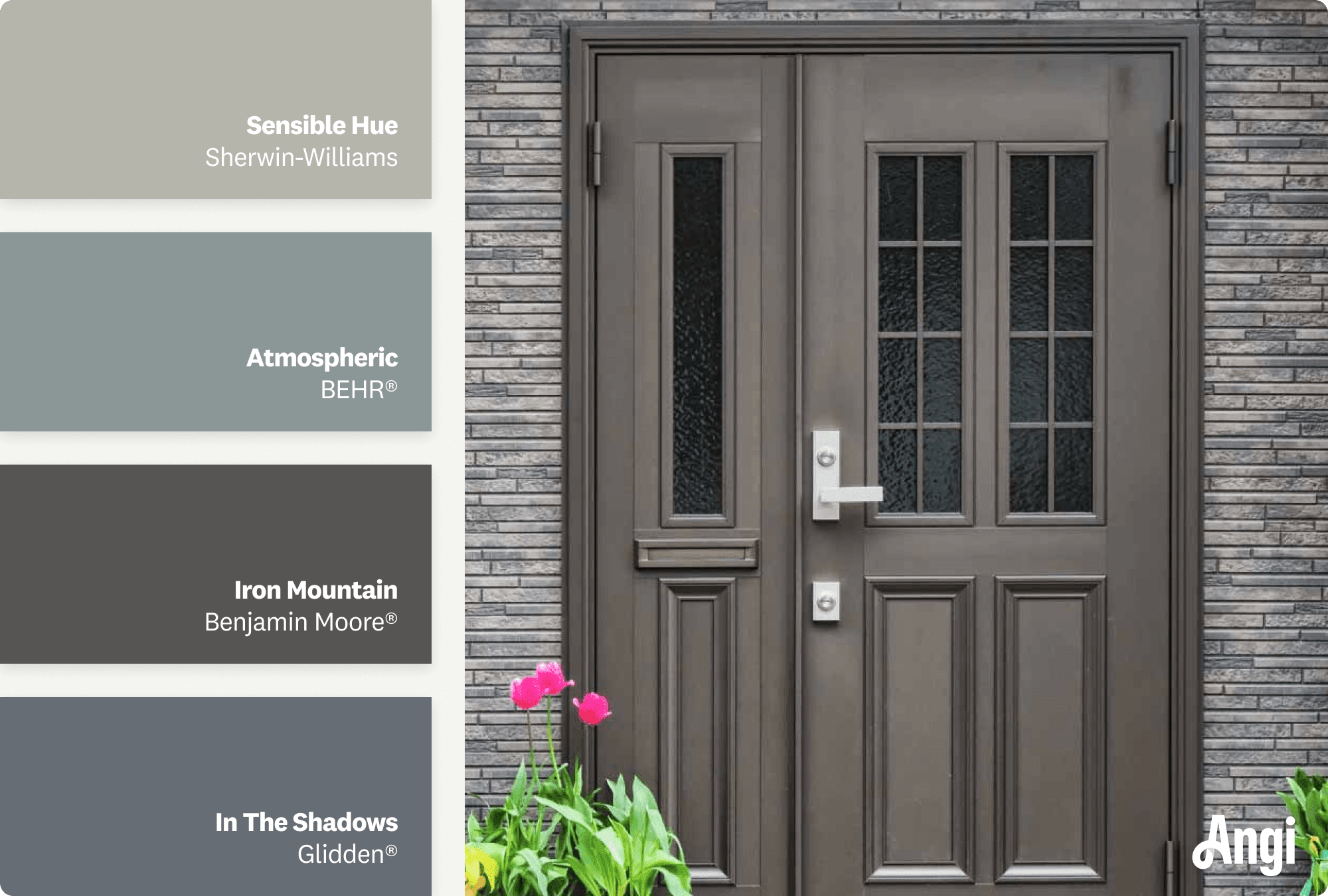 Gray brick house with gray front door, including different tones of gray paint