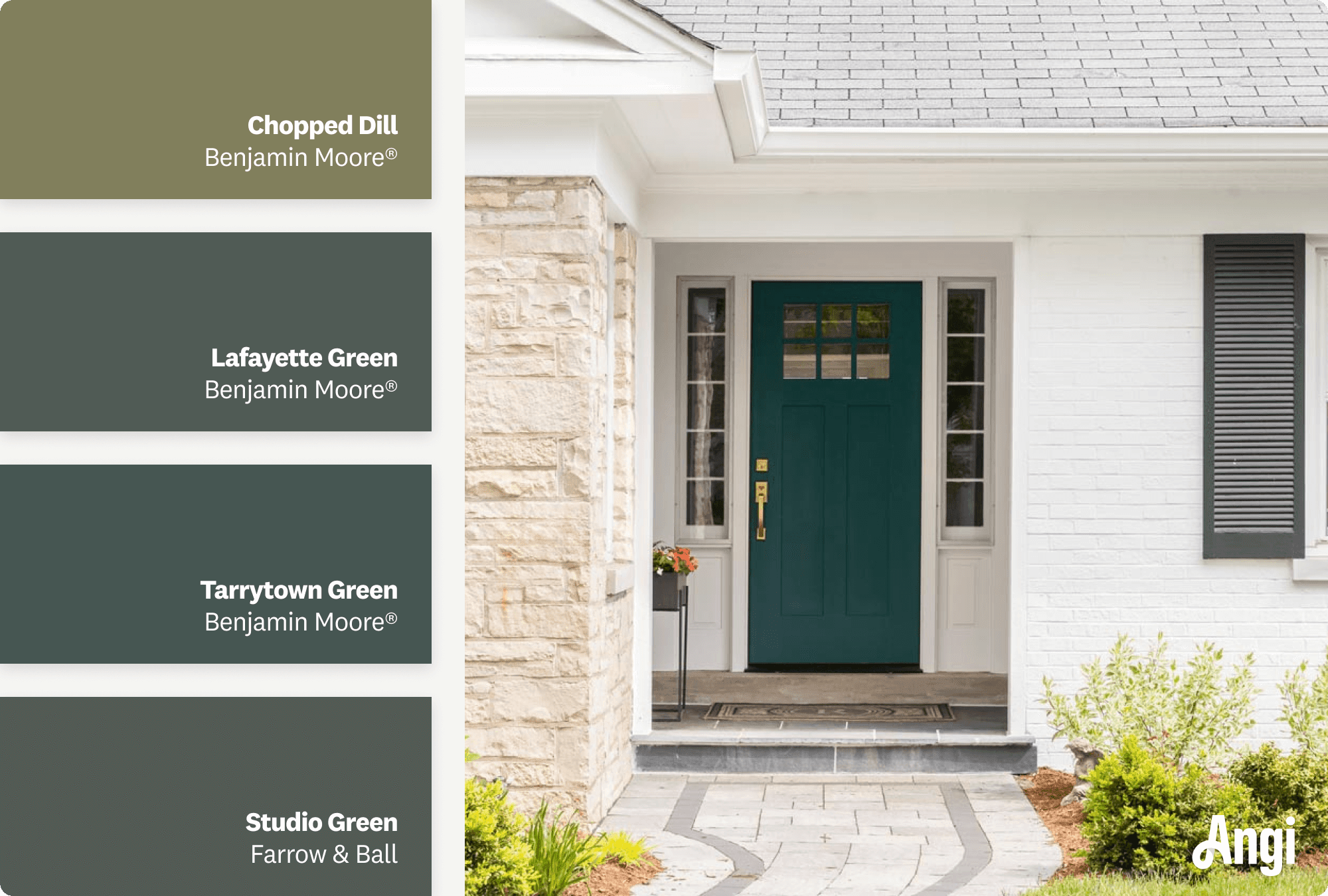White house with dark green front door, including different tones of green paint