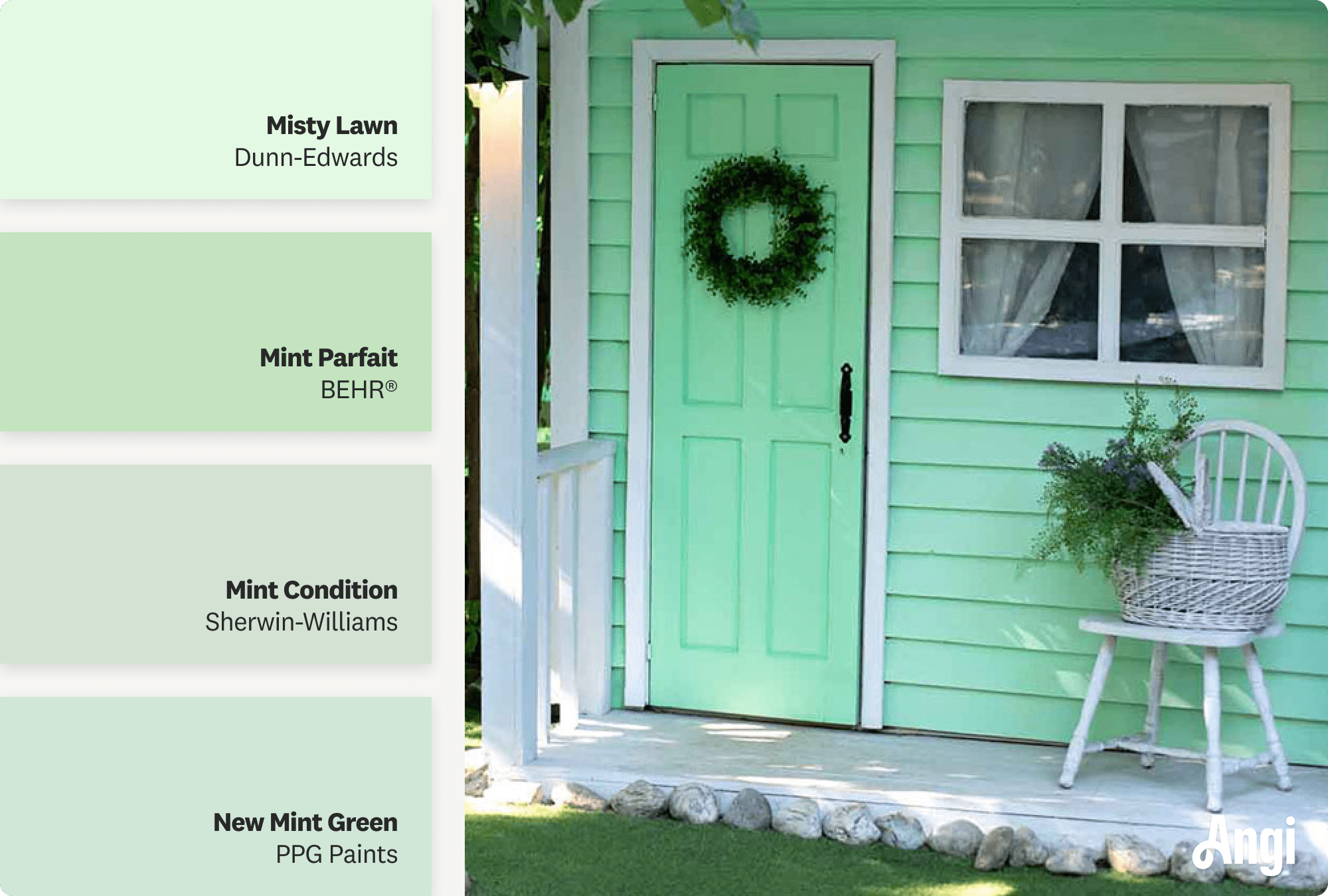 Mint green porch on home, including different tones of mint green paint