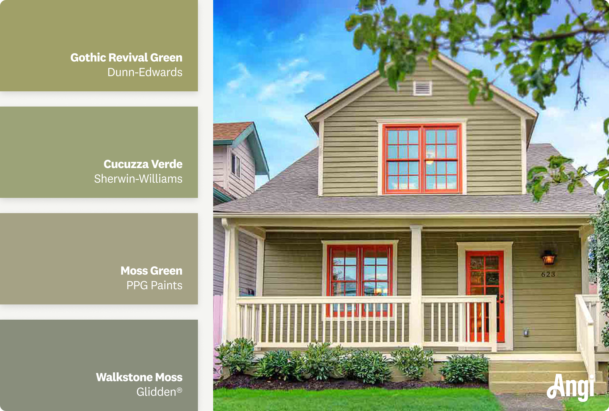 Moss green home with red window trim, including different tones of moss green paint