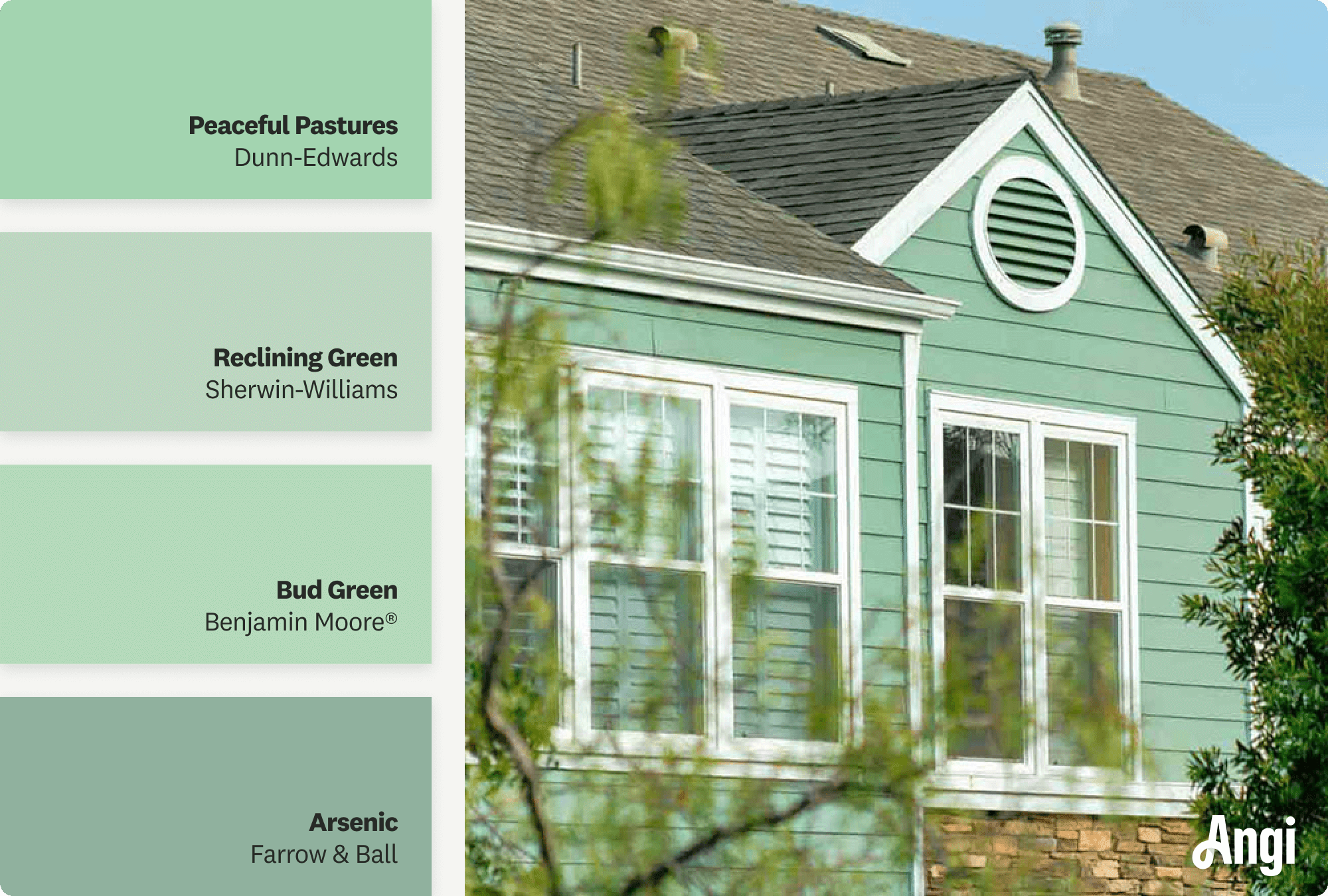 Seafoam green countryside home, including different tones of seafoam green paint