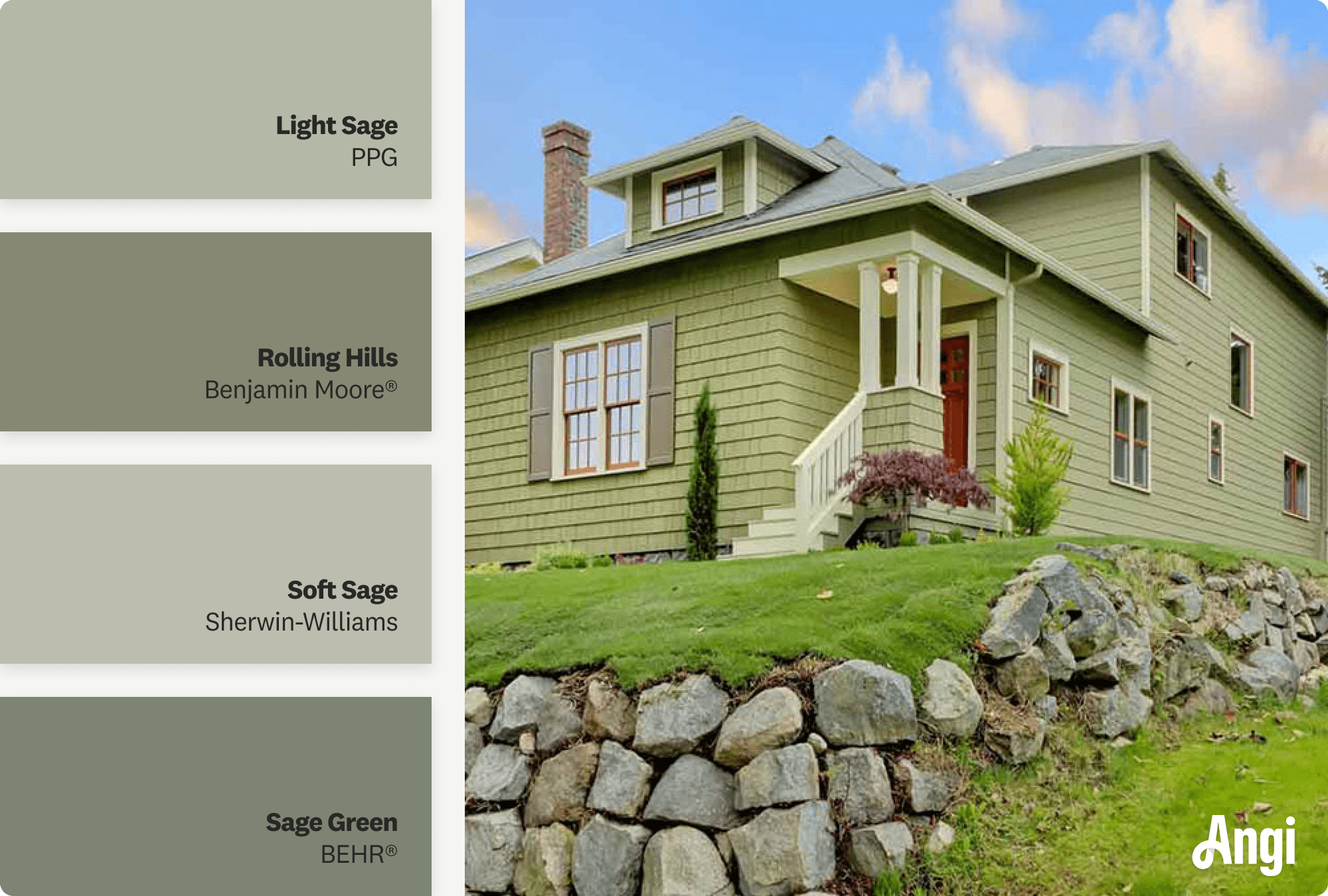 Side of sage green home, including different tones of sage green paint