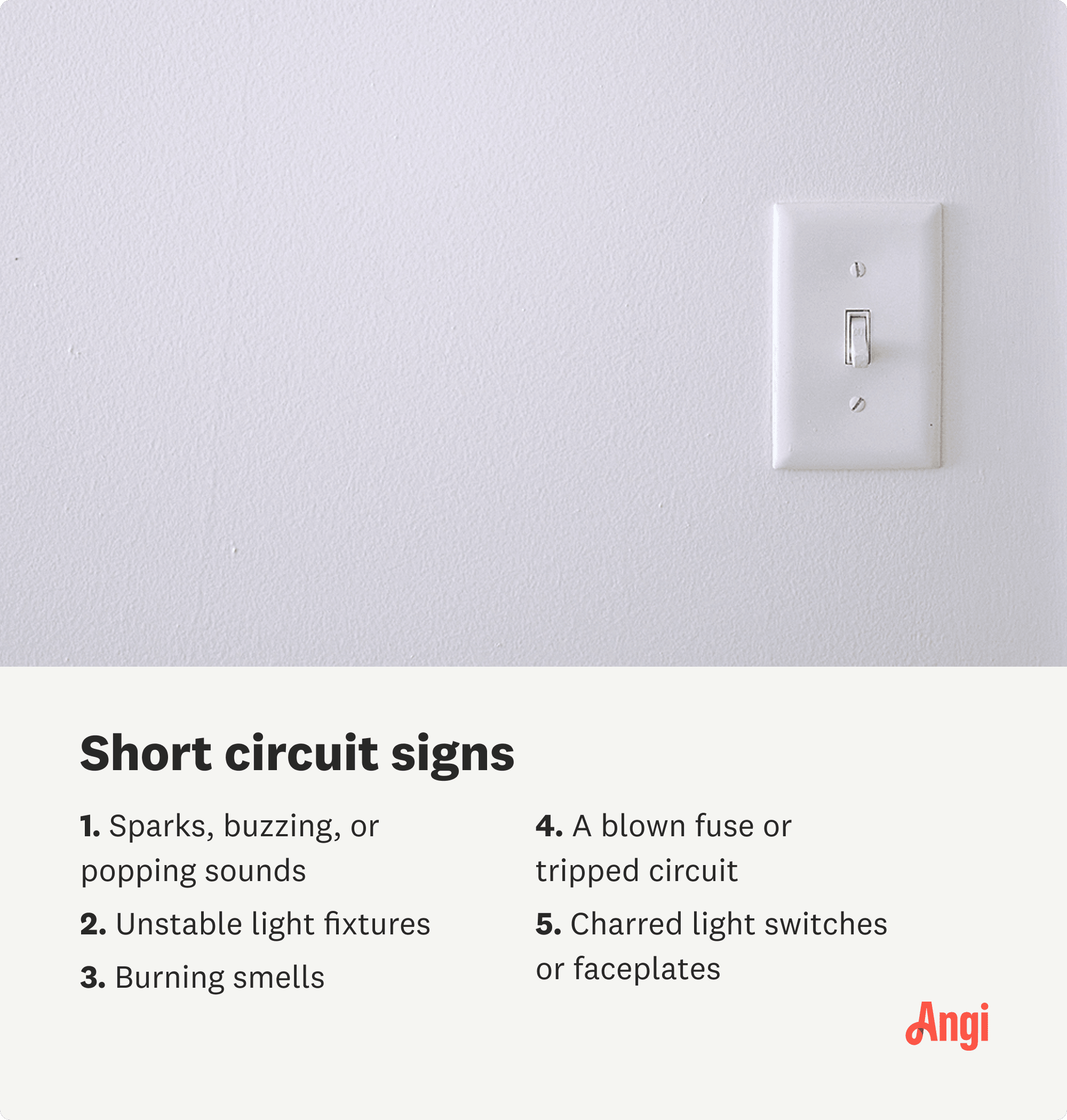5 signs of a short circuit, including burning smells and charred light switches or faceplates