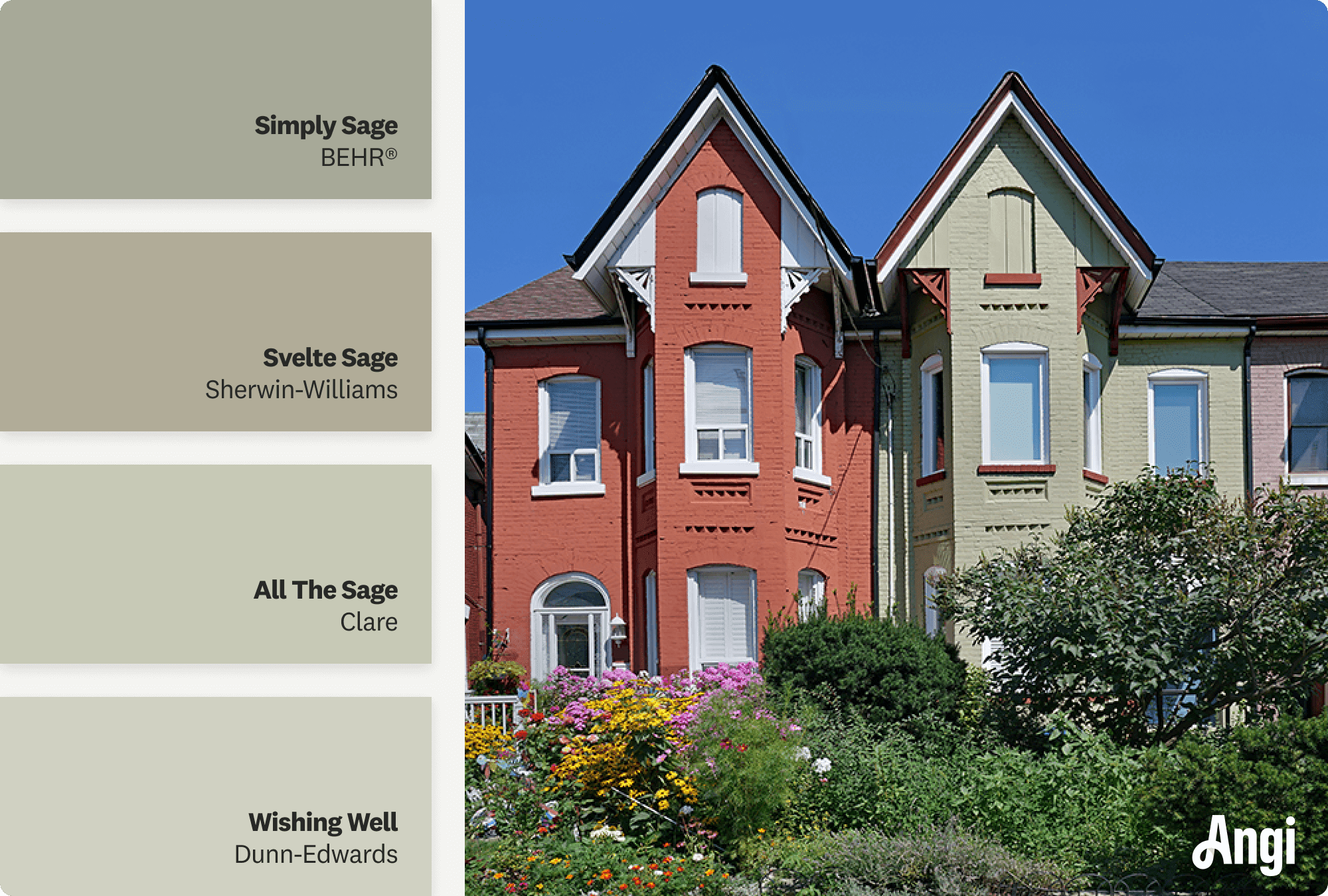 Green house with a porch, including different tones of sage green paint