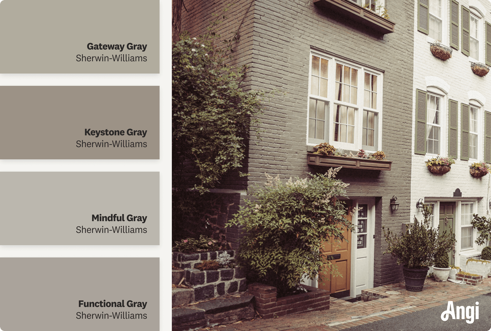 A modern gray brick home, including different tones of warm greige paint