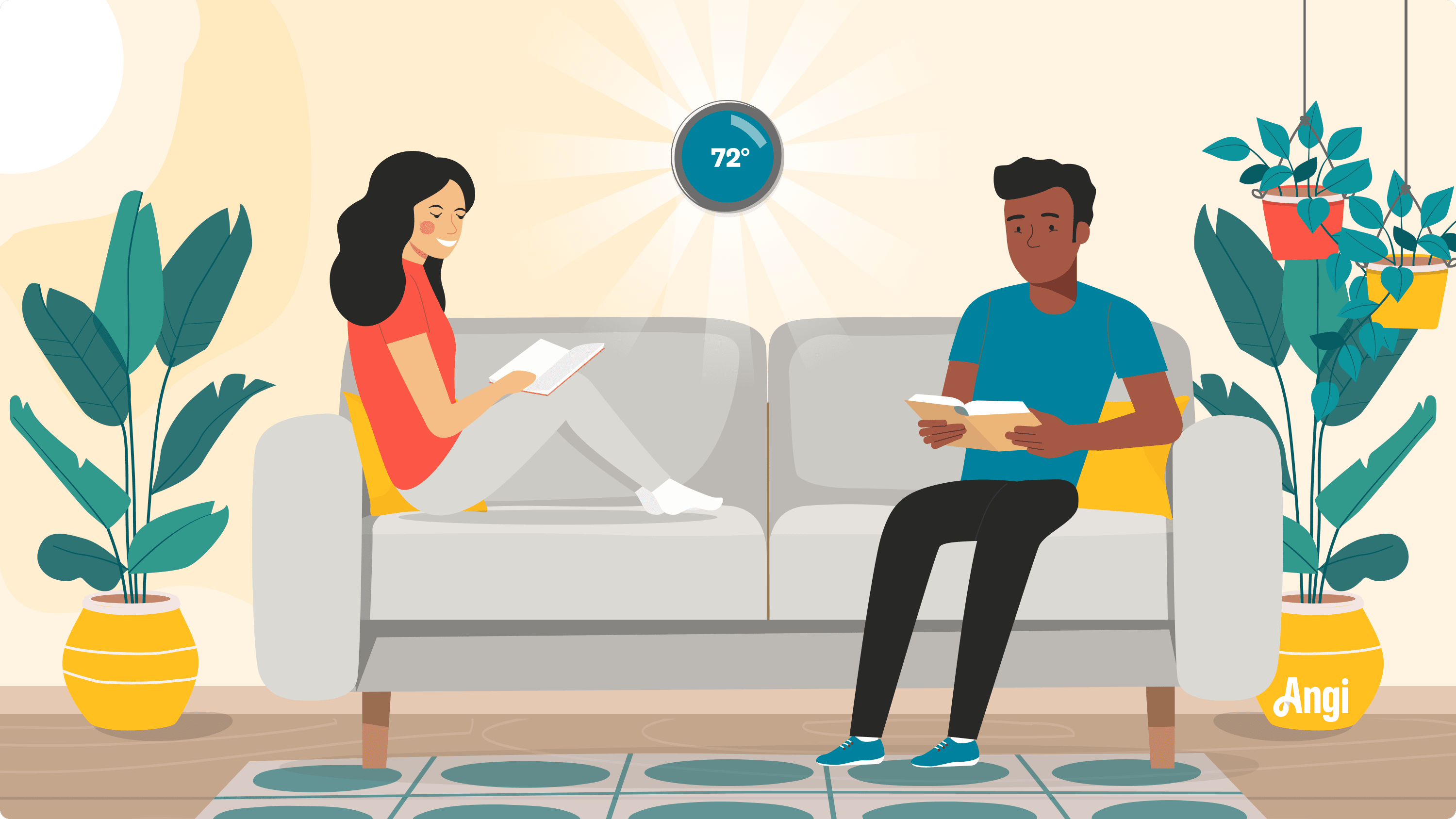Two people sitting on living room couch illustrated, with the thermostat highlighted