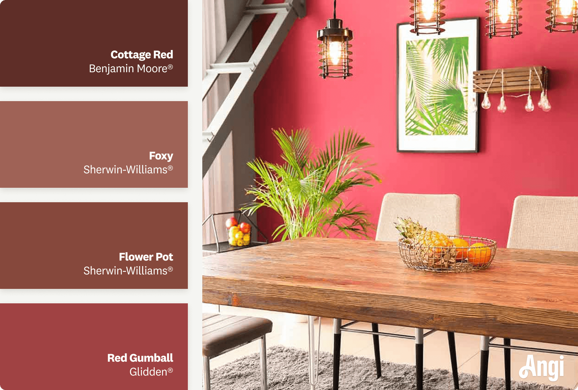 Modern dining room with red accent wall, including different tones of red paint