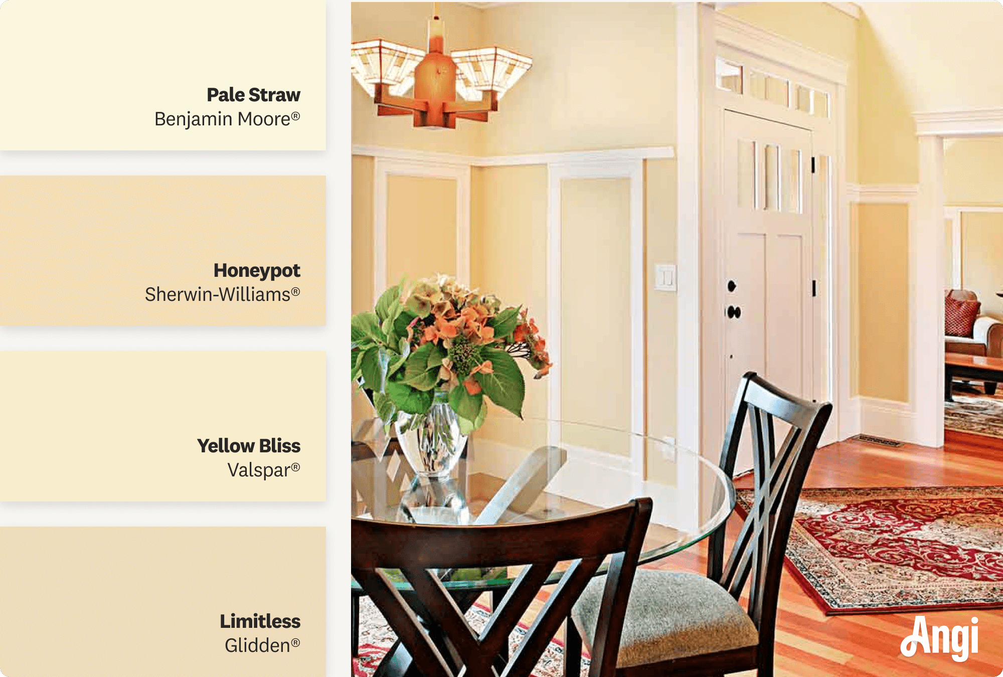 Dining room and entry with butter yellow walls, including different tones of yellow paint