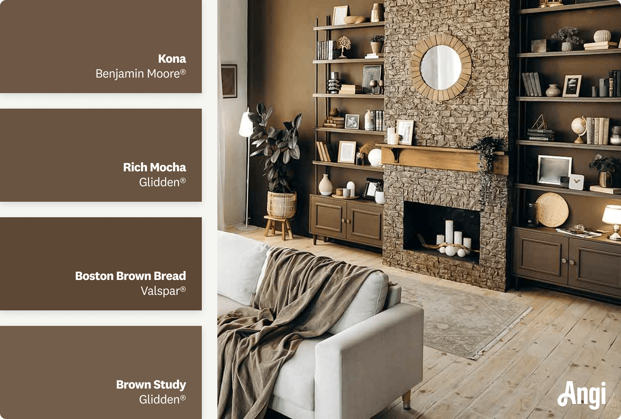 Stylish living room with brown accent wall and chimney, including different tones of brown paint