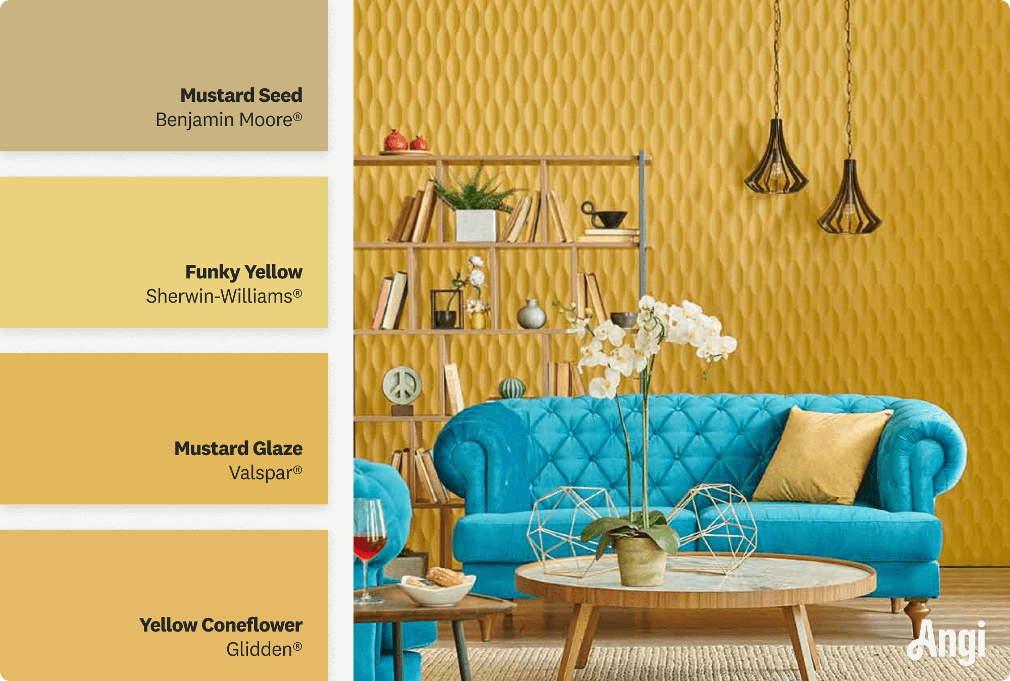 Living room with yellow accent wall and blue sofa, including different tones of yellow paint