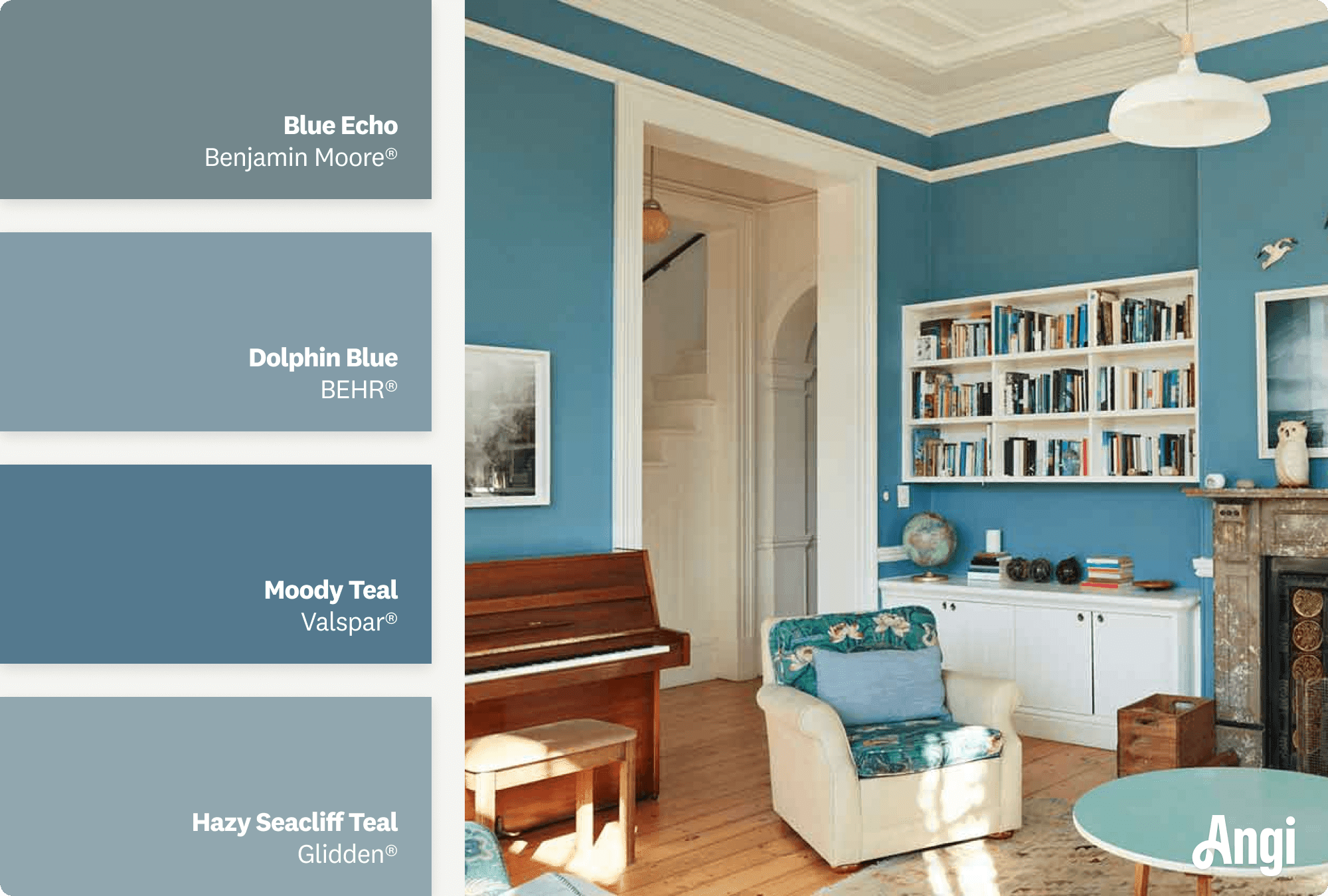 Living room with teal walls and white trim, including different tones of teal paint