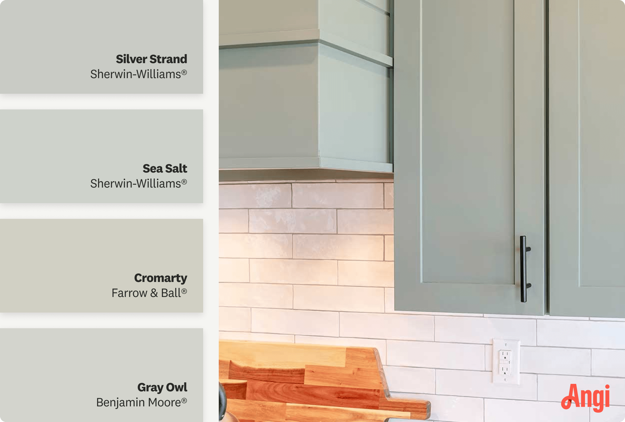 Green gray cabinets in a kitchen, including different tones of green gray paint