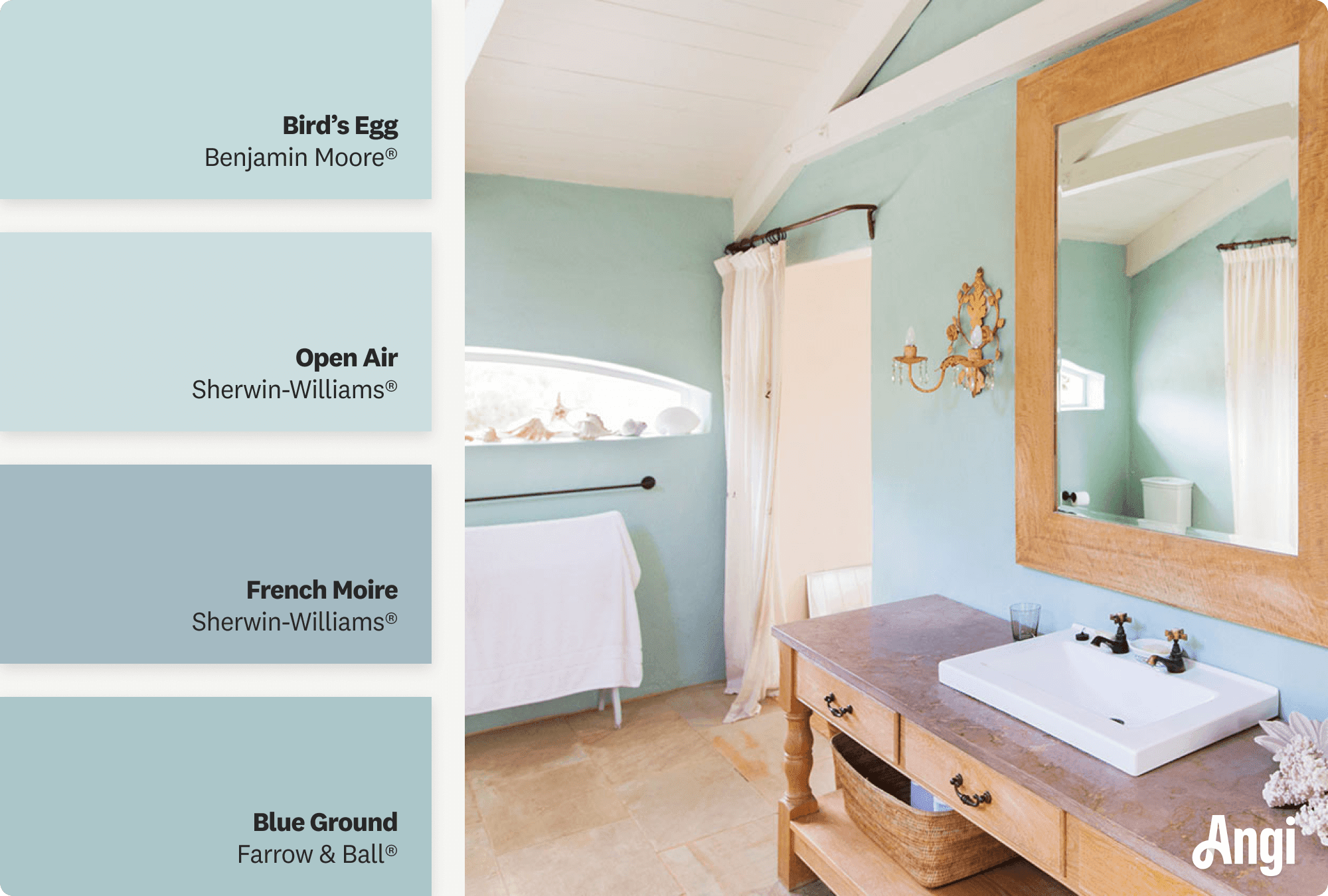 Robin’s egg blue bathroom, including different tones of blue paint