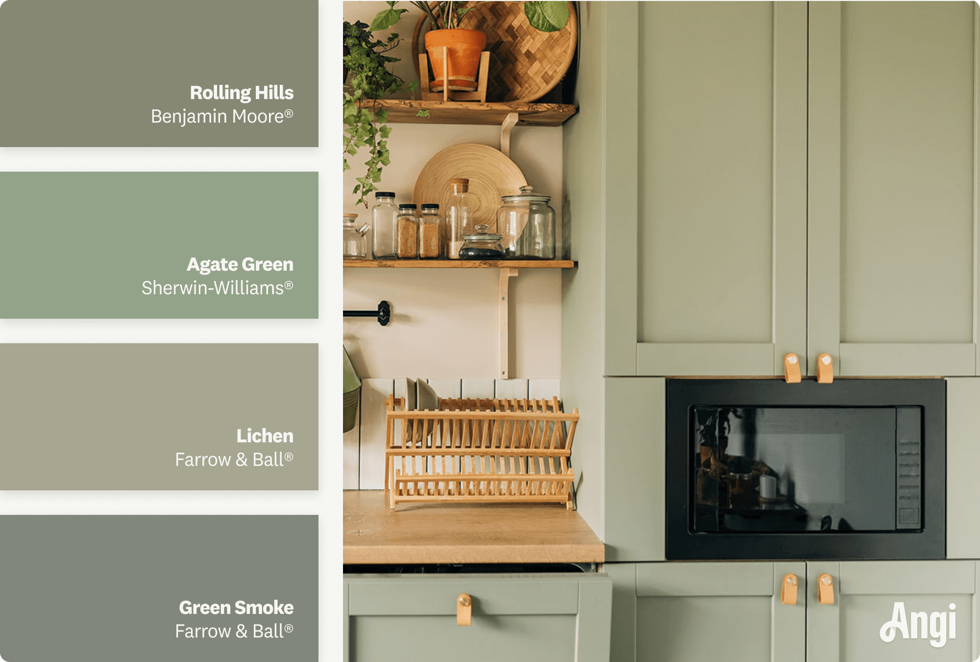 sage green cabinets in a kitchen, including different tones of sage green paint