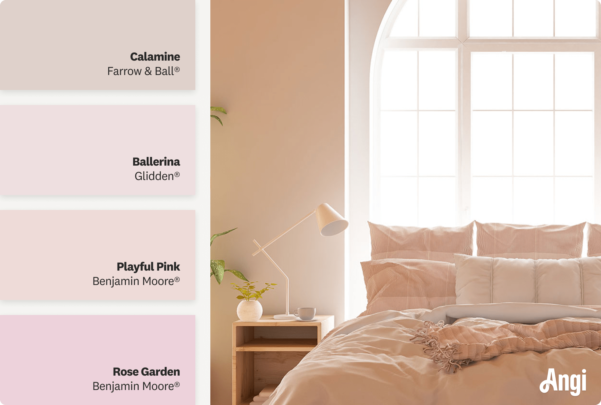 Soft pink bedroom, including different tones of pink paint