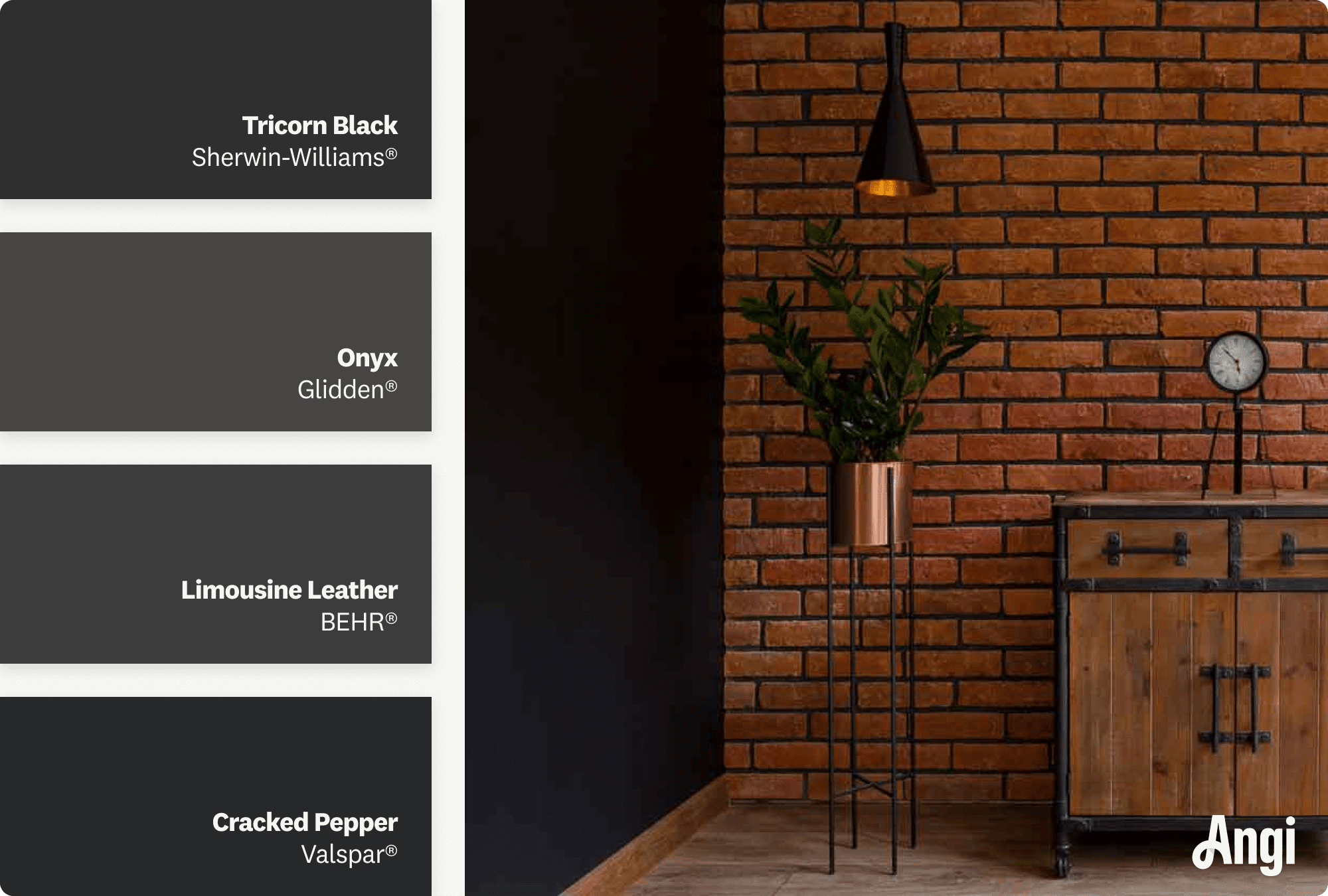 A red brick wall with wood furniture and a black wall, including different tones of black paint