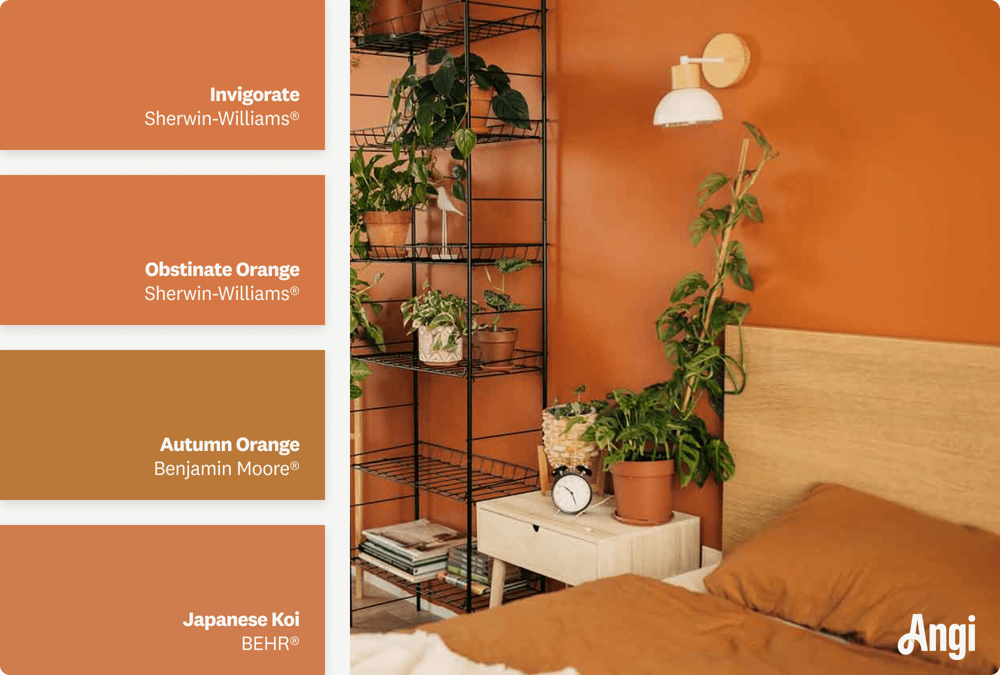 Bedroom with orange accent wall, including different tones of burnt orange paint