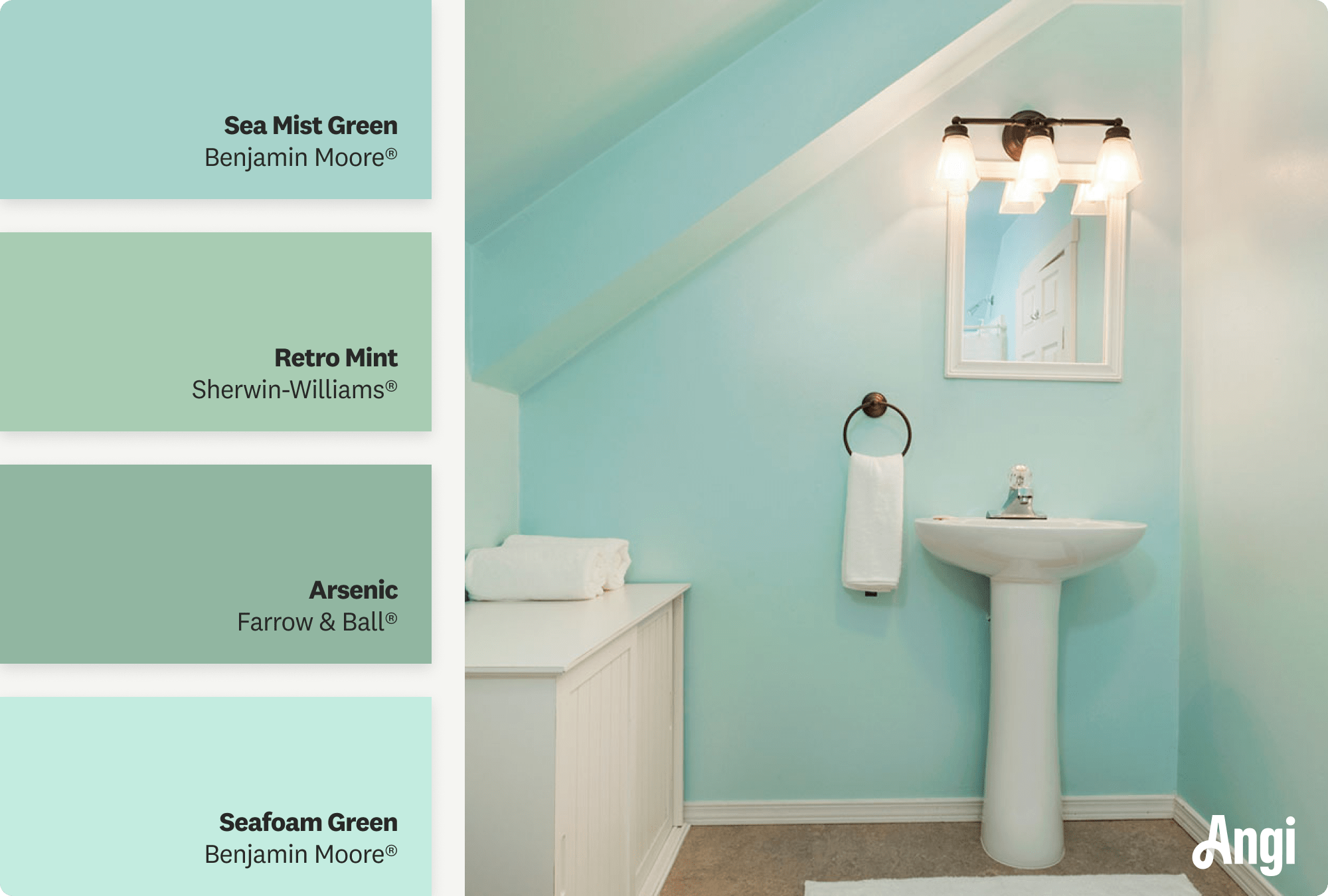 Guest bathroom with walls painted in aqua color, including different tones of aqua and mint paint