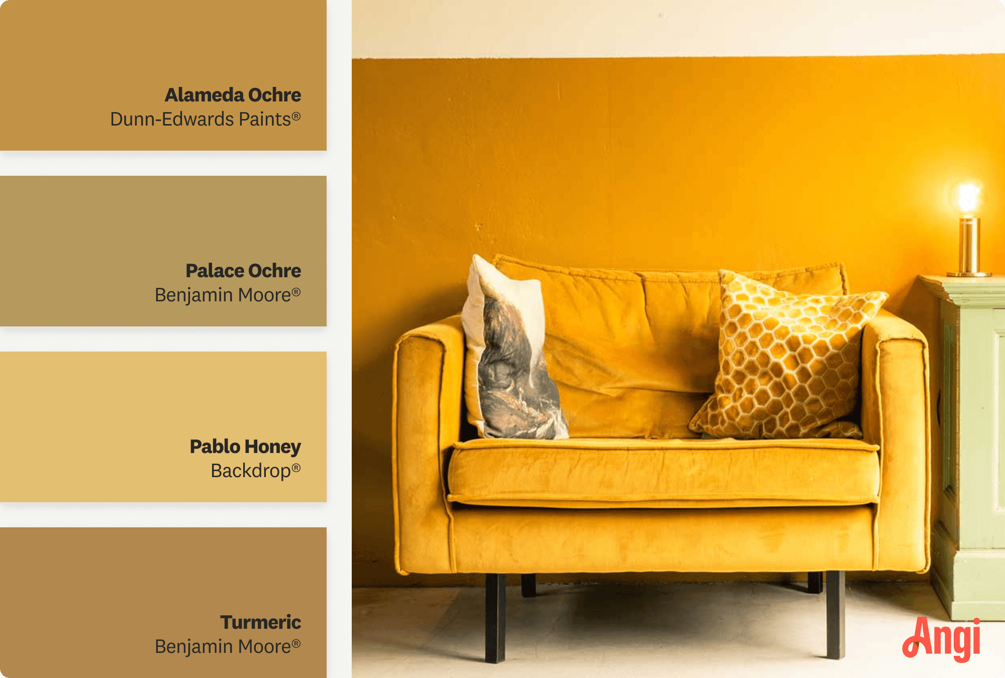 Room with yellow mid-century modern sofa, including different tones of ochre paint