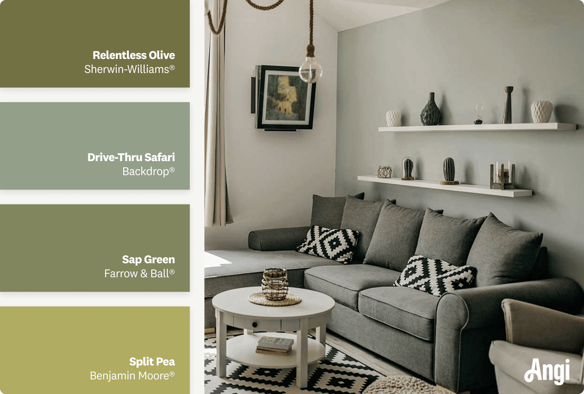 A living room with olive green accent wall, including different tones of olive green paint