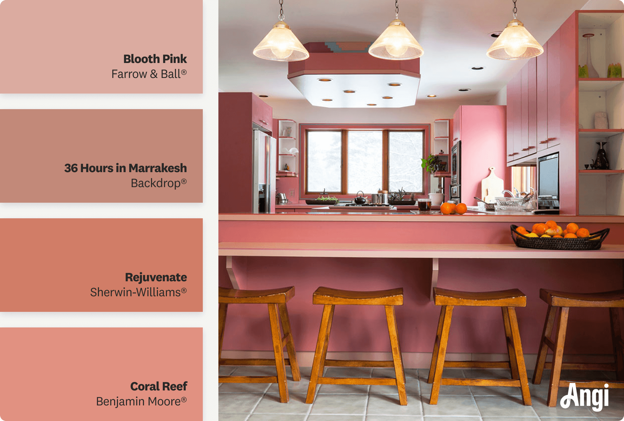 Kitchen with pink cabinets and white walls, including different tones of pink paint