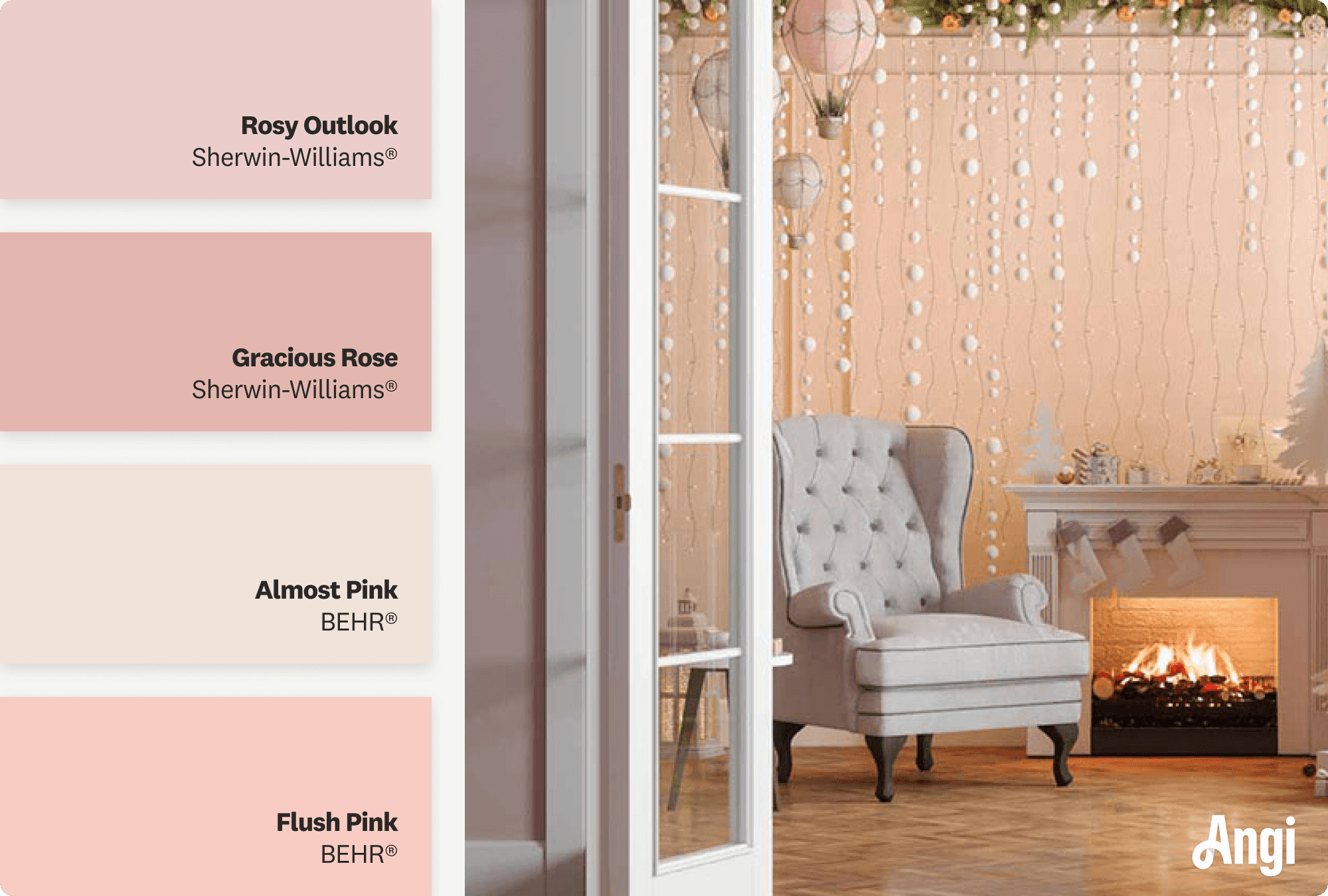 Formal living room with pink fireplace, including different tones of pink paint