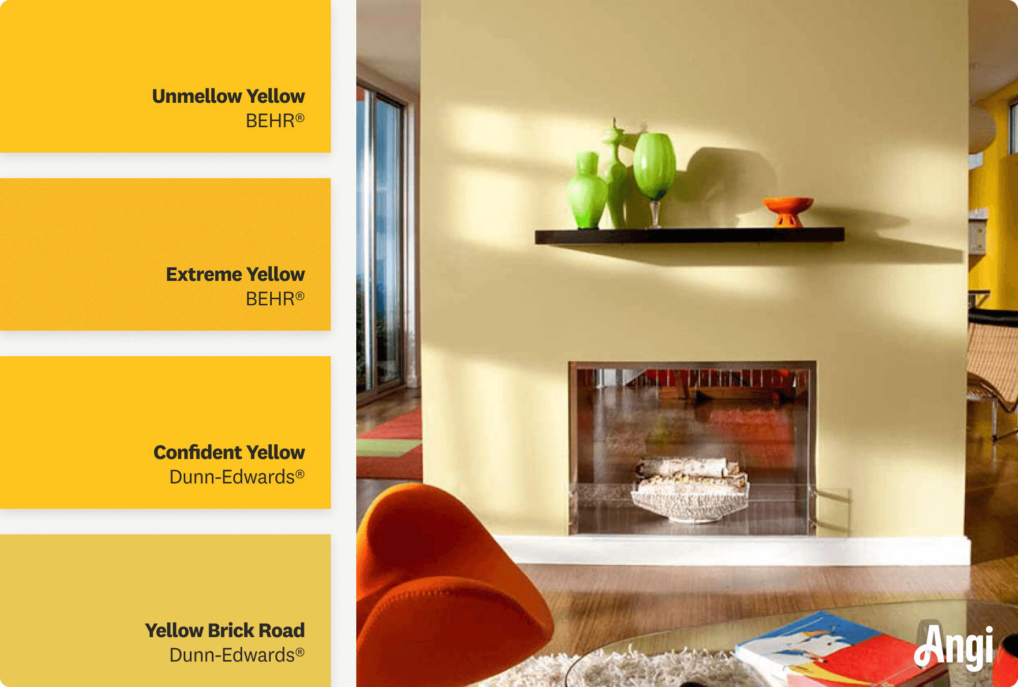 Modern living room with yellow fireplace, including different tones of yellow paint