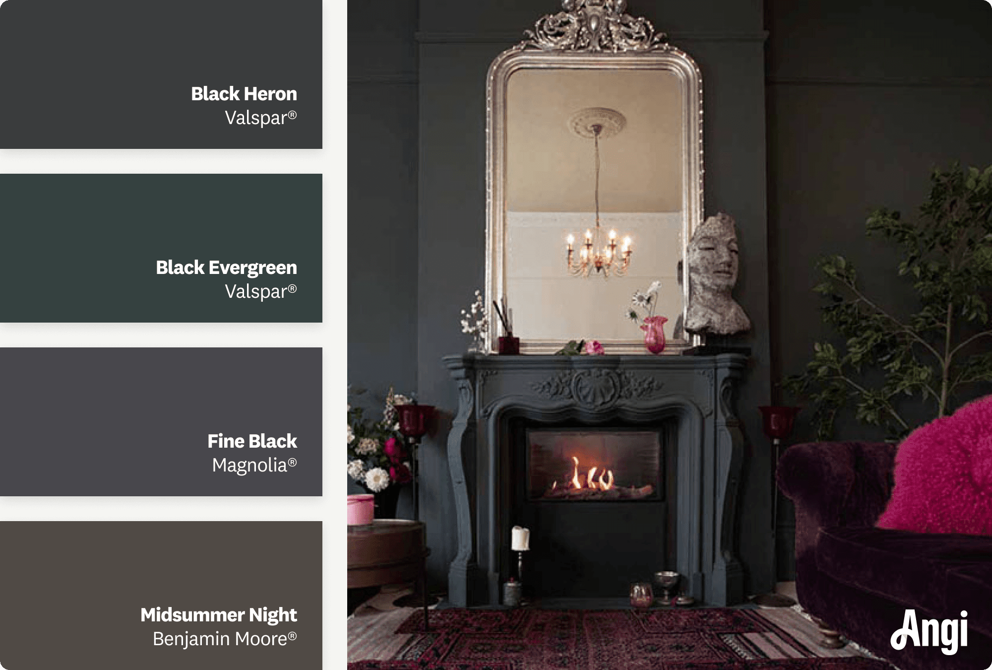 Sitting room with black fireplace, including different tones of black paint