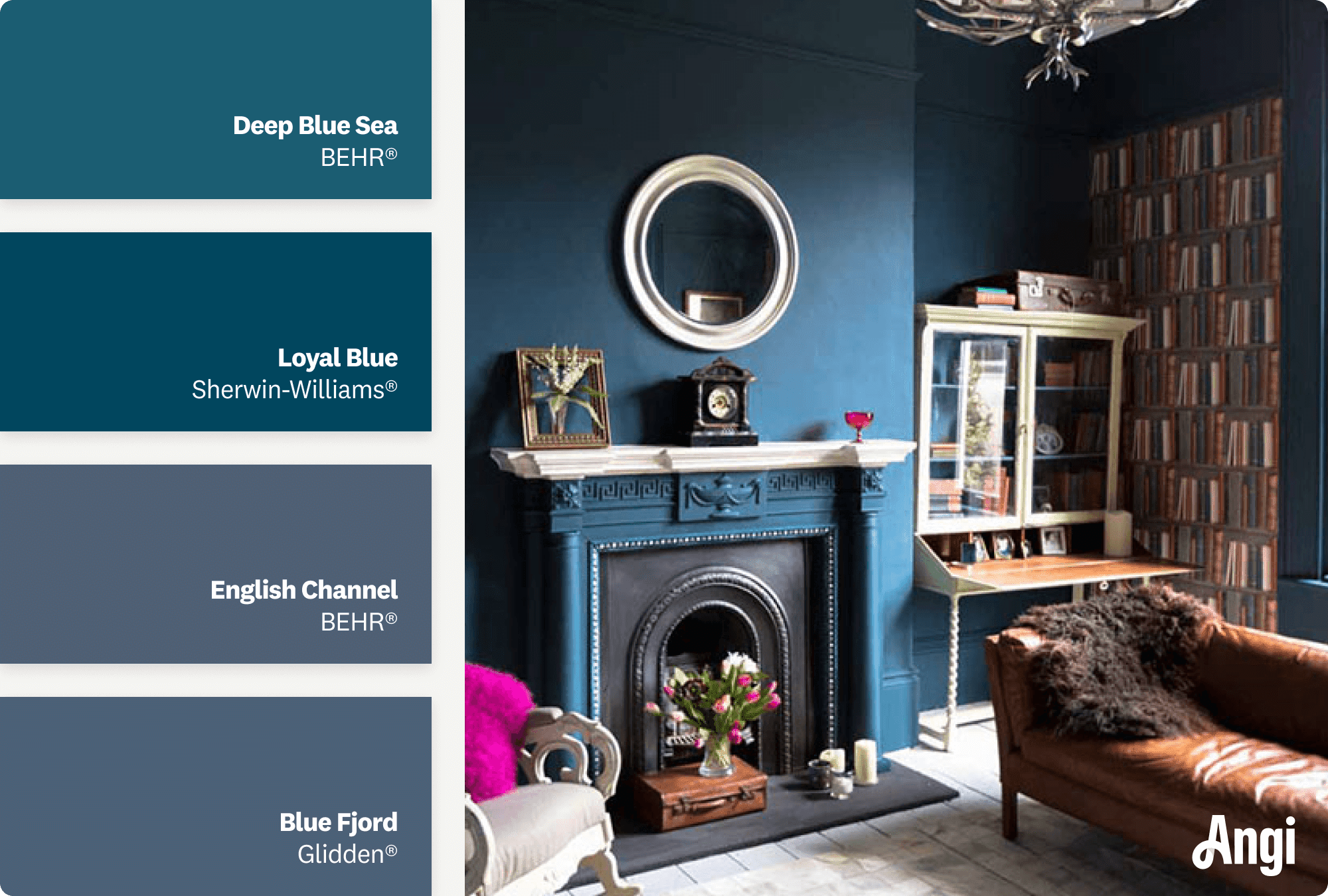 Home office with blue fireplace, including different tones of blue paint