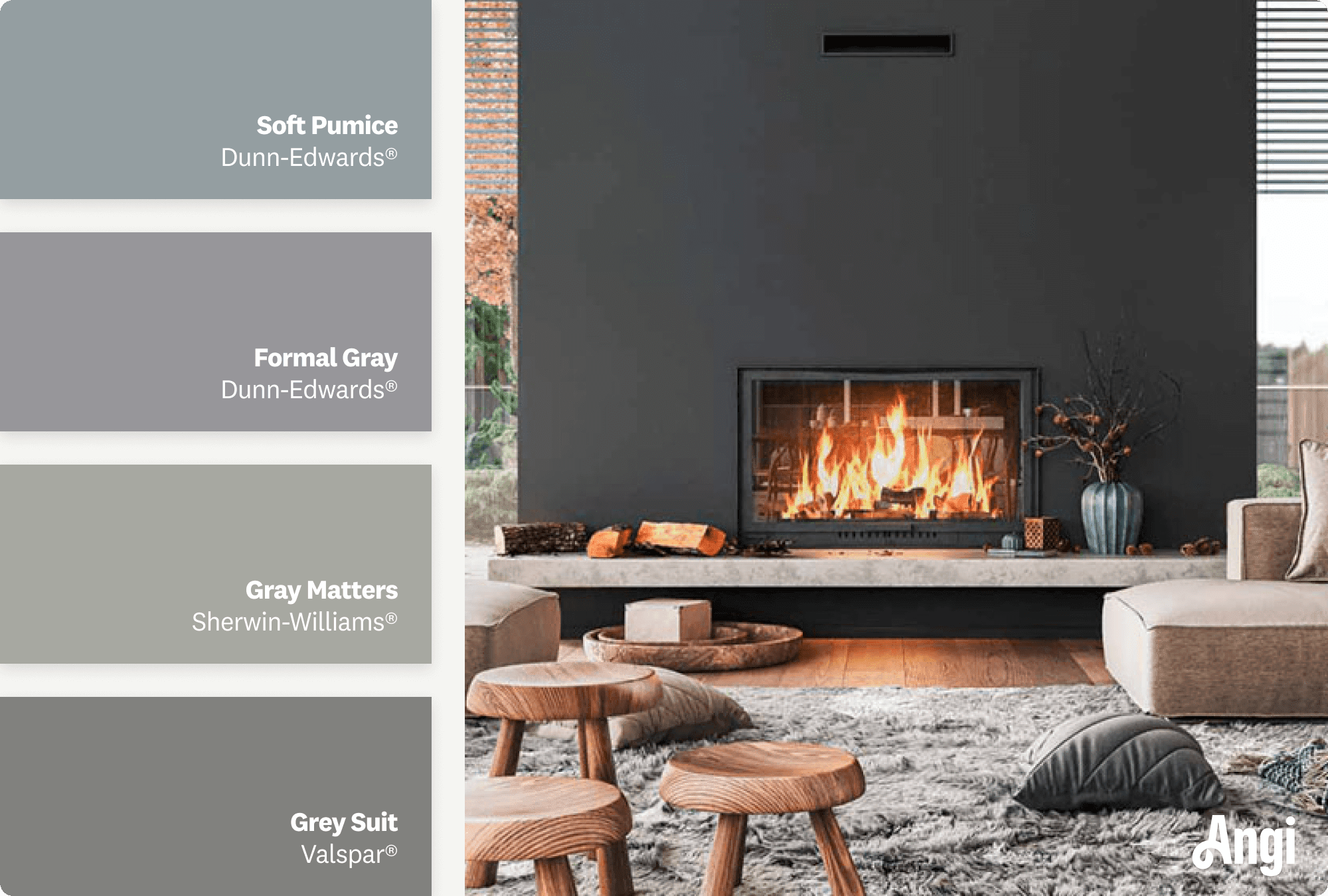 Living room with gray fireplace, including different tones of gray paint